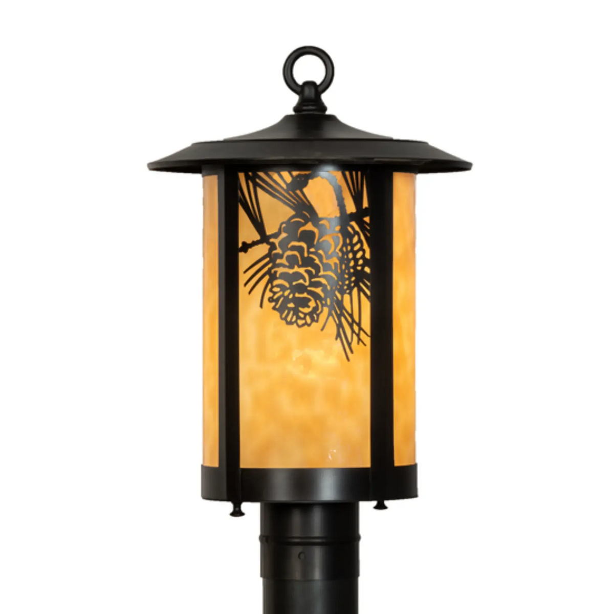 10" Wide Winter Pine Post Mount – Craftsman Brown – Beige Art Glass – Wet-Rated – Meyda Lighting Meyda Lighting