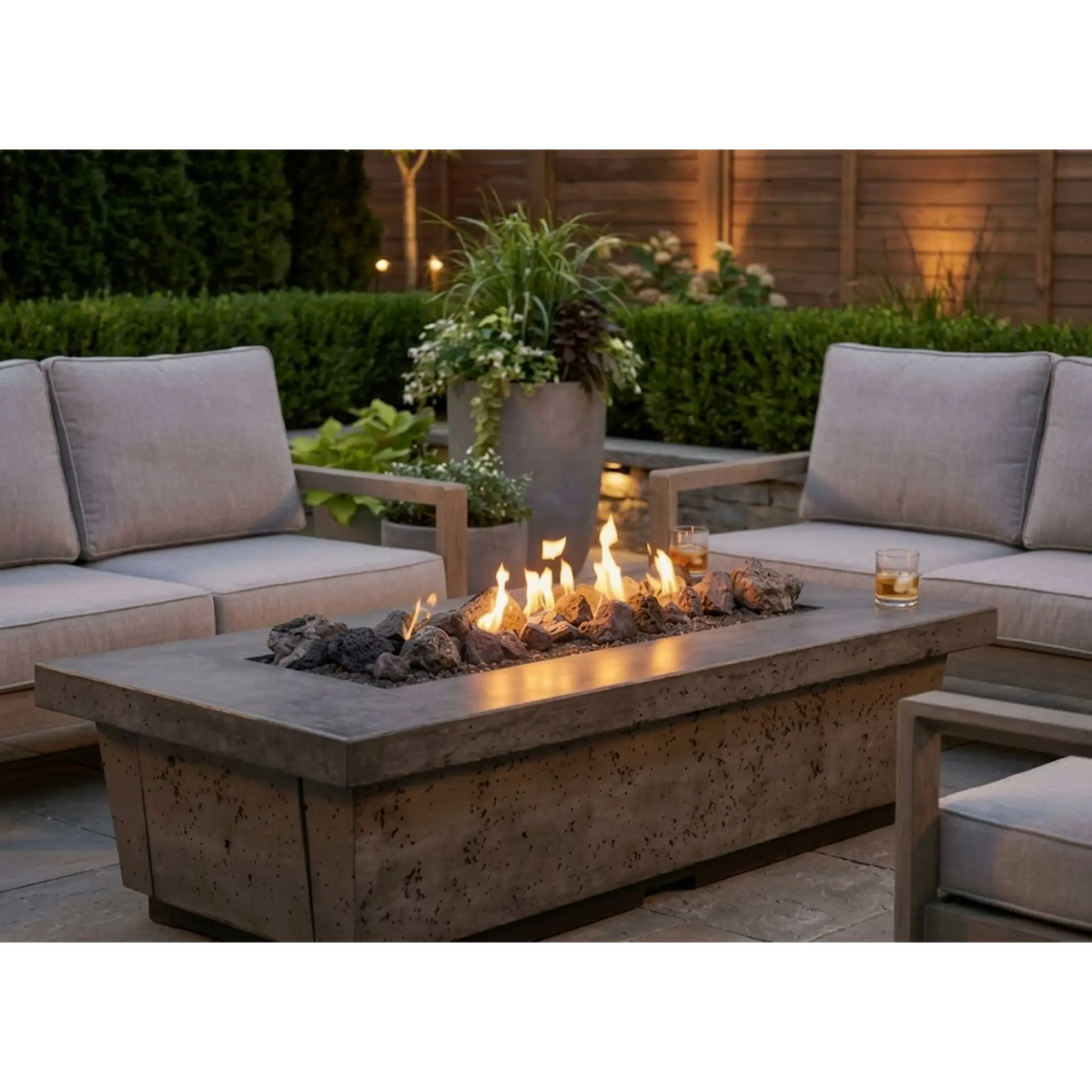 American Fyre Designs Contempo Long LP Select 76" Rectangular Reclaimed Wood and GFRC Gas Fire Pit Table American Fyre Designs