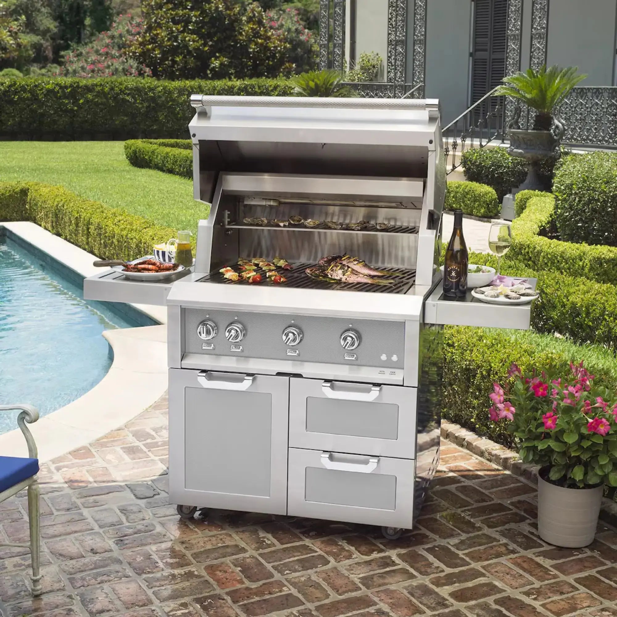 Hestan 36-Inch Freestanding Gas Grill on Double Drawer & Door Cart Hestan