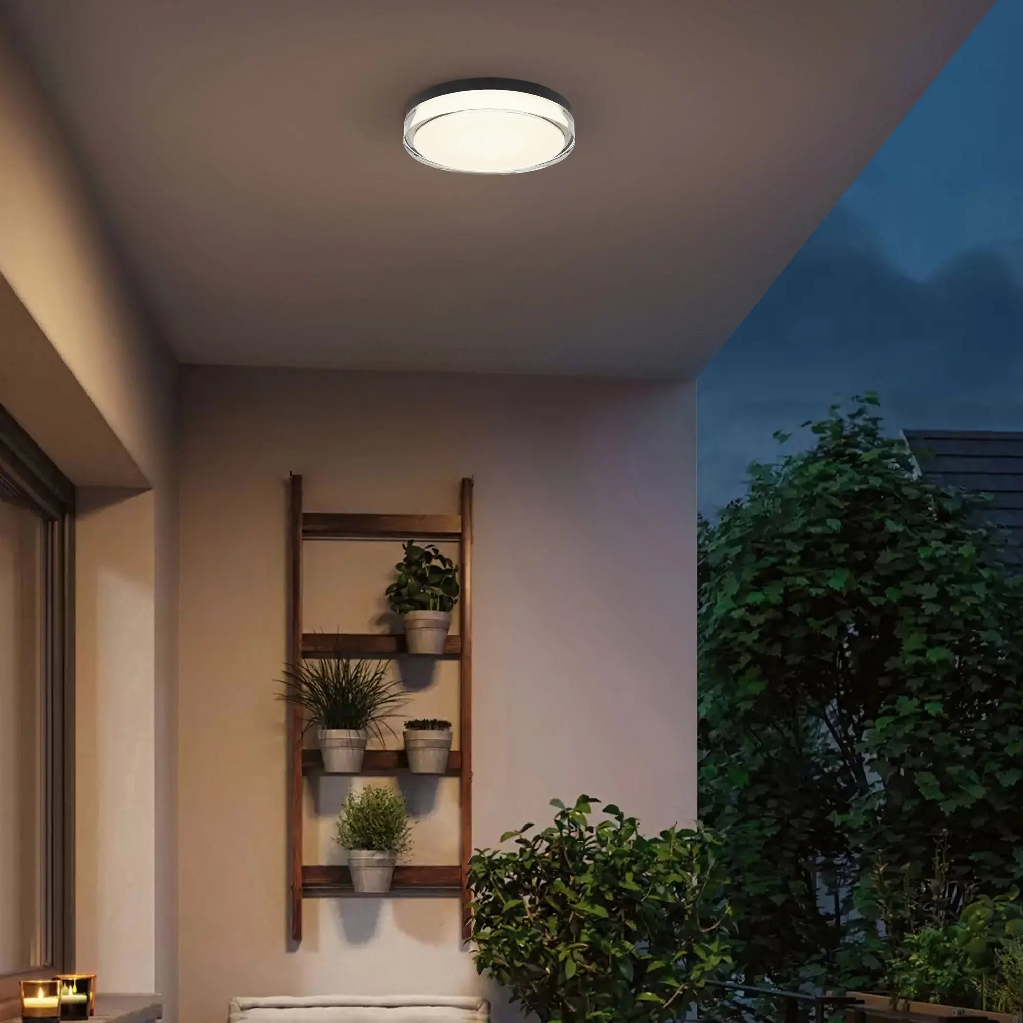 Alteck Sunspot 12-Inch Black 3-CCT LED Outdoor Flush Mount Light - AFM0018-3CCT-W-BK - Application Exterior Image