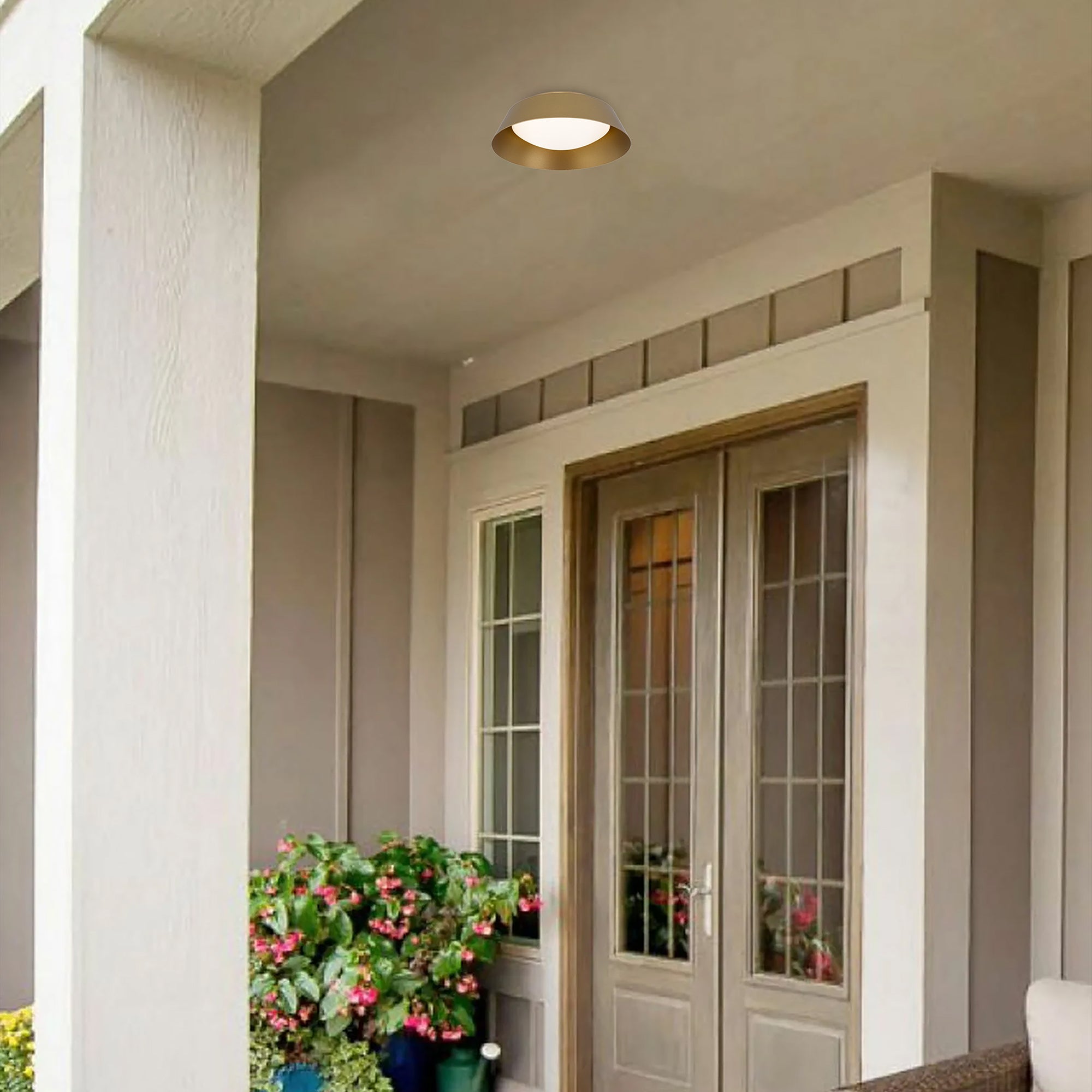 Alteck Pez 11-Inch Painted Brass LED Outdoor Flush Mount Light - AFM0066-5CCT-W-PB - Application Exterior Image
