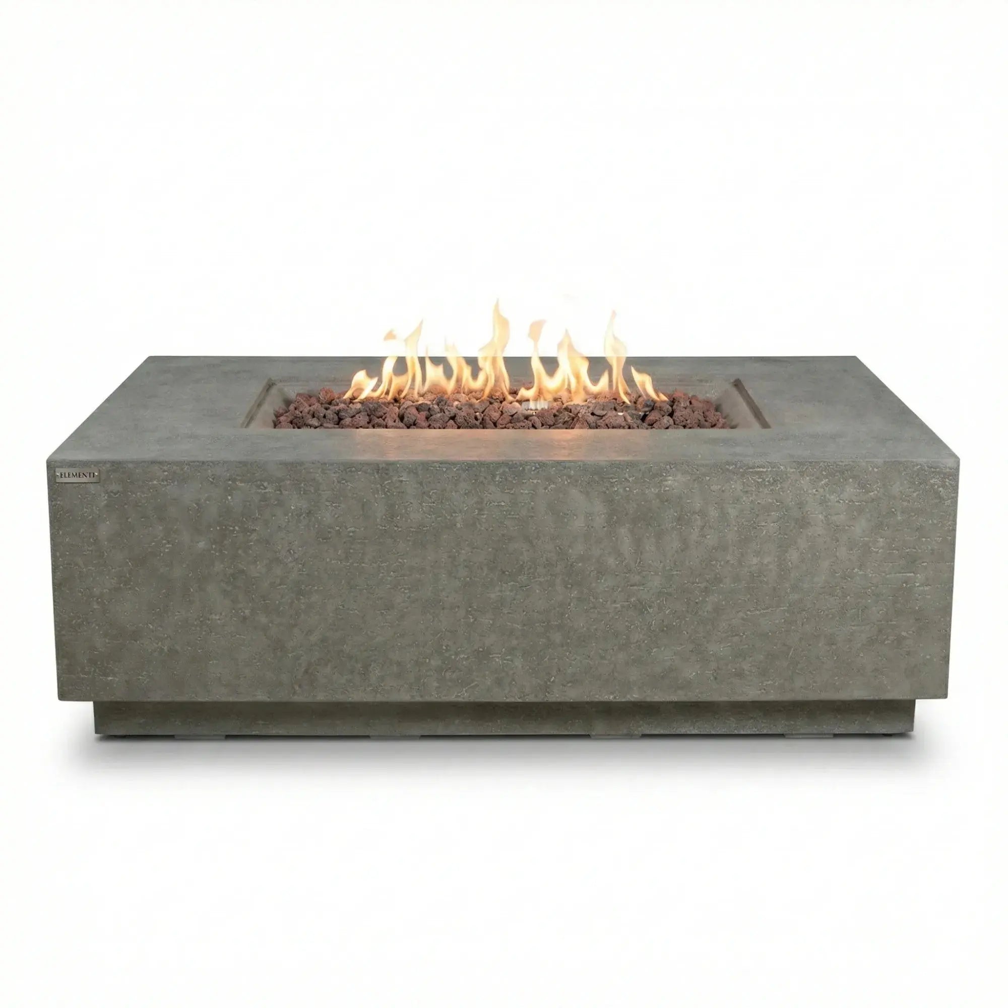 Concrete fire pit table with flames on a white background