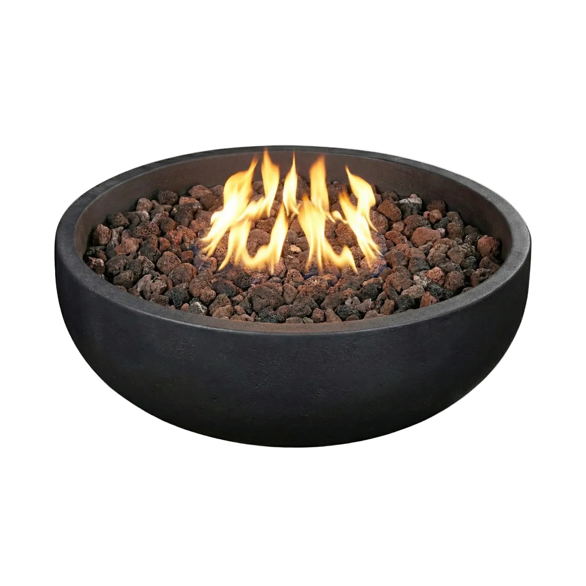 Black fire pit with flames on a white background