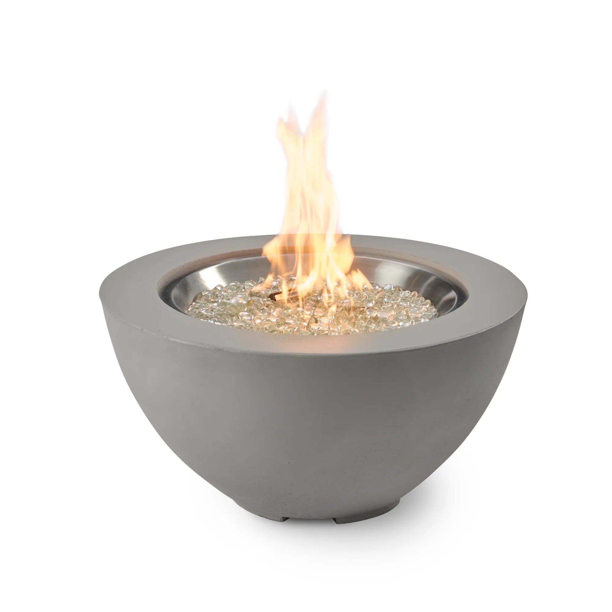 Gray fire pit with flames on a white background