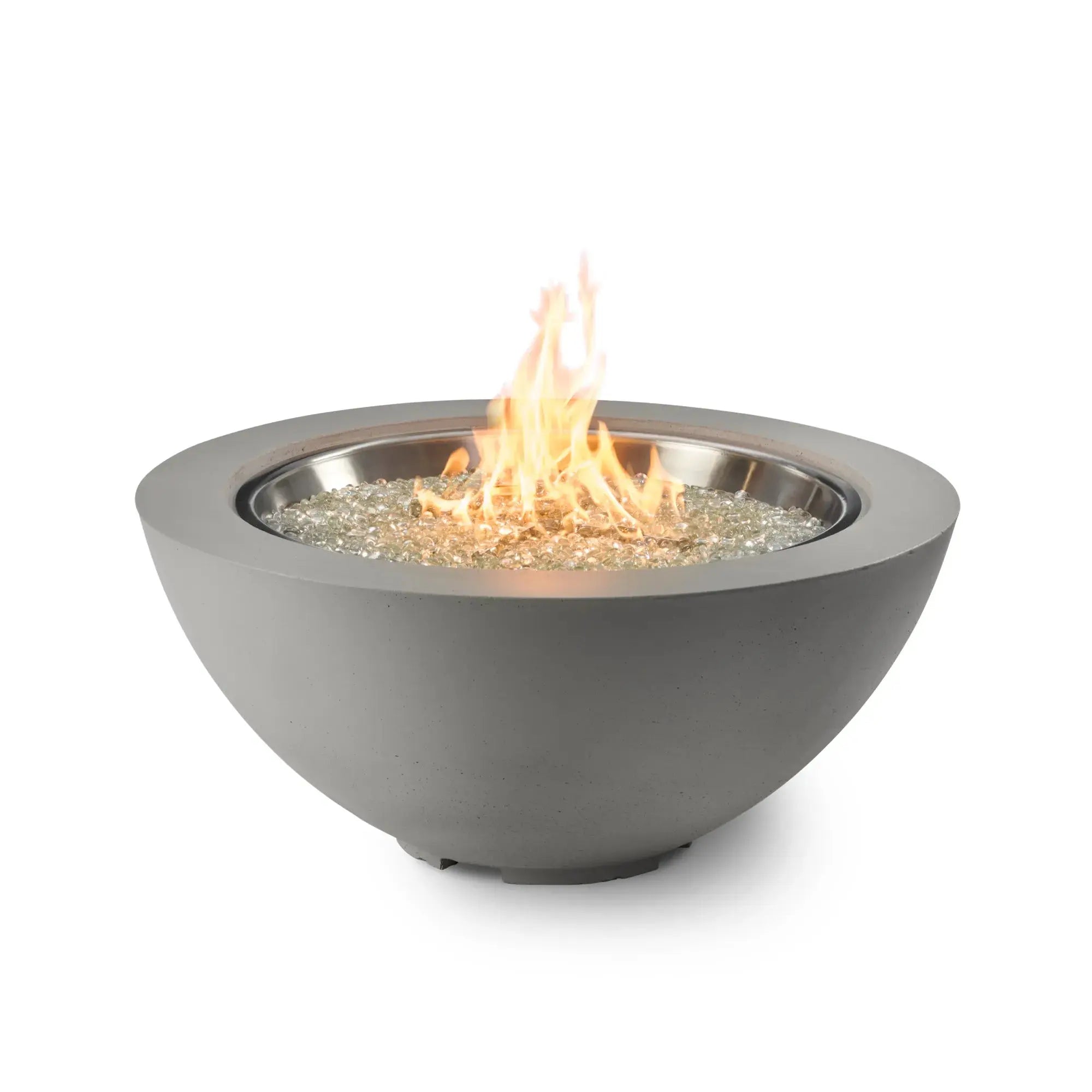 Gray fire pit bowl with flames on a white background