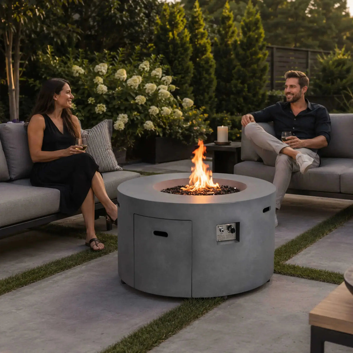 Refuge 43″ Round GFRC Concrete Propane Fire Pit with Hidden Tank Drawer – Flame Havens Flame Havens