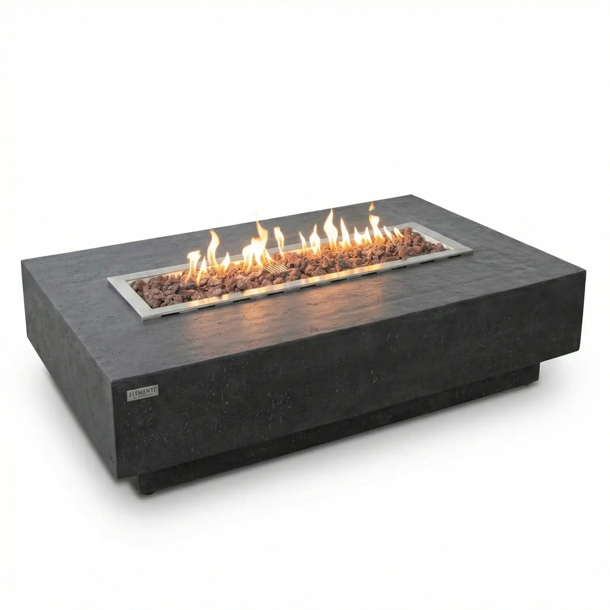 Rectangular outdoor fire pit table with flames on a white background