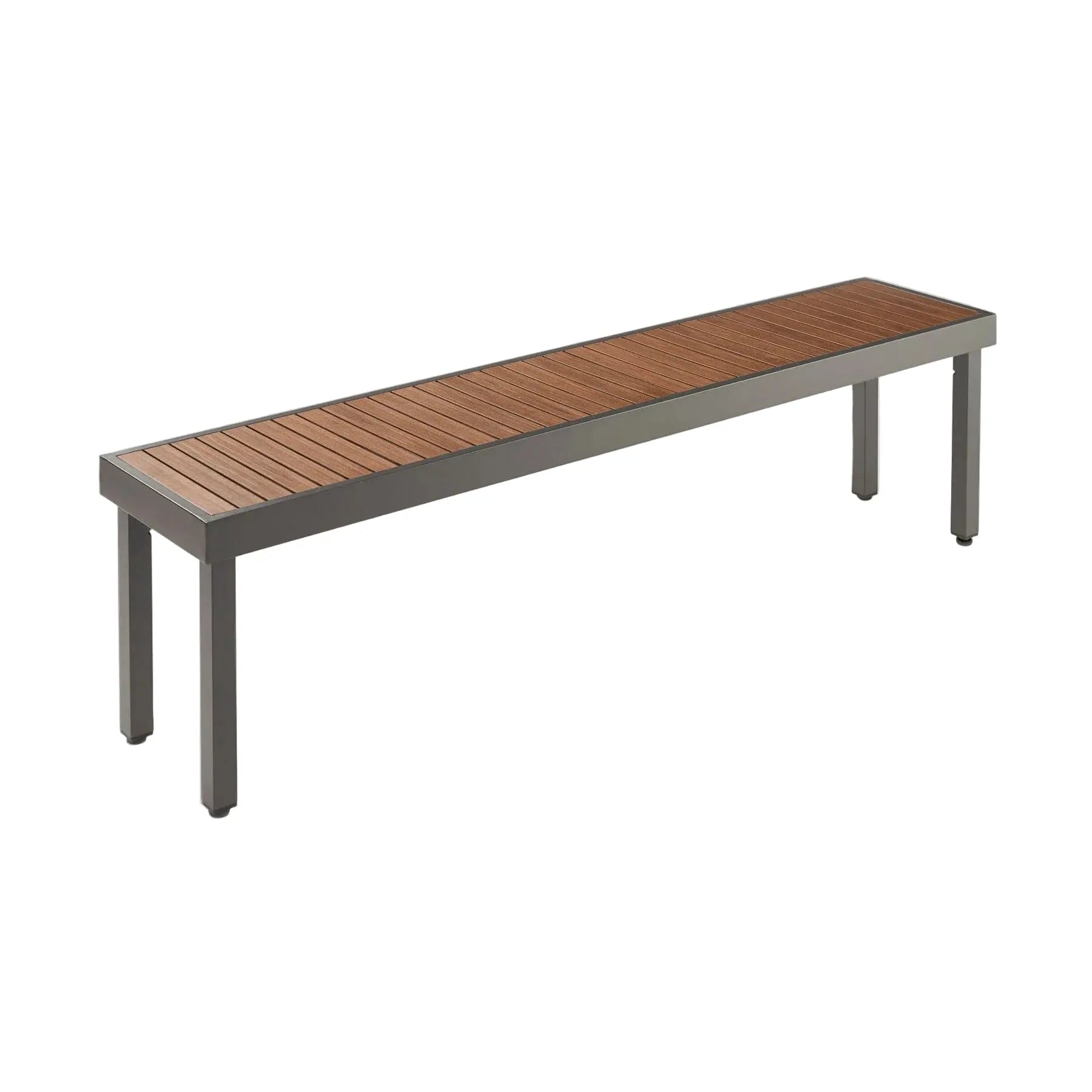 Long bench with wooden slats on a white background