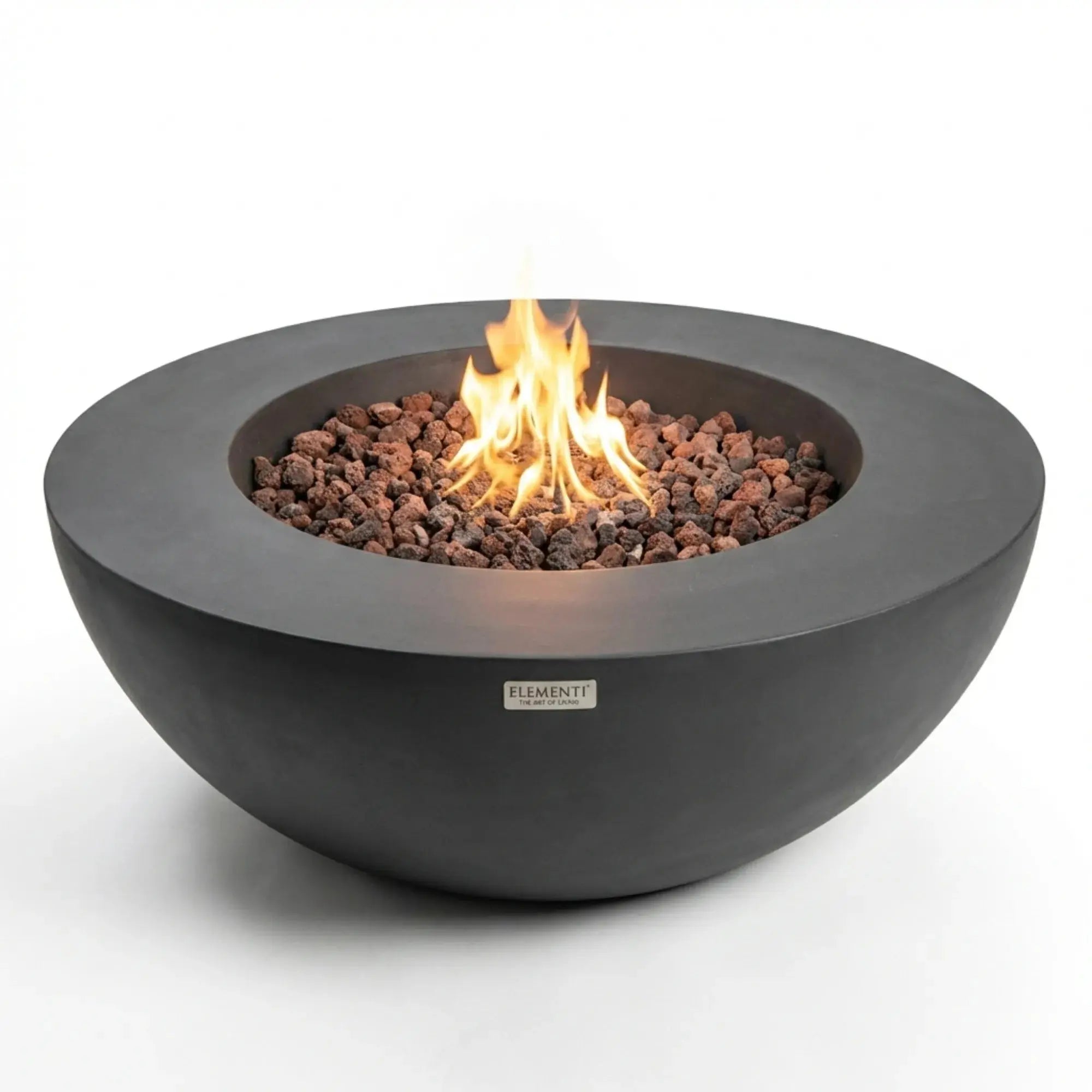 Modern outdoor fire pit with flames on a white background