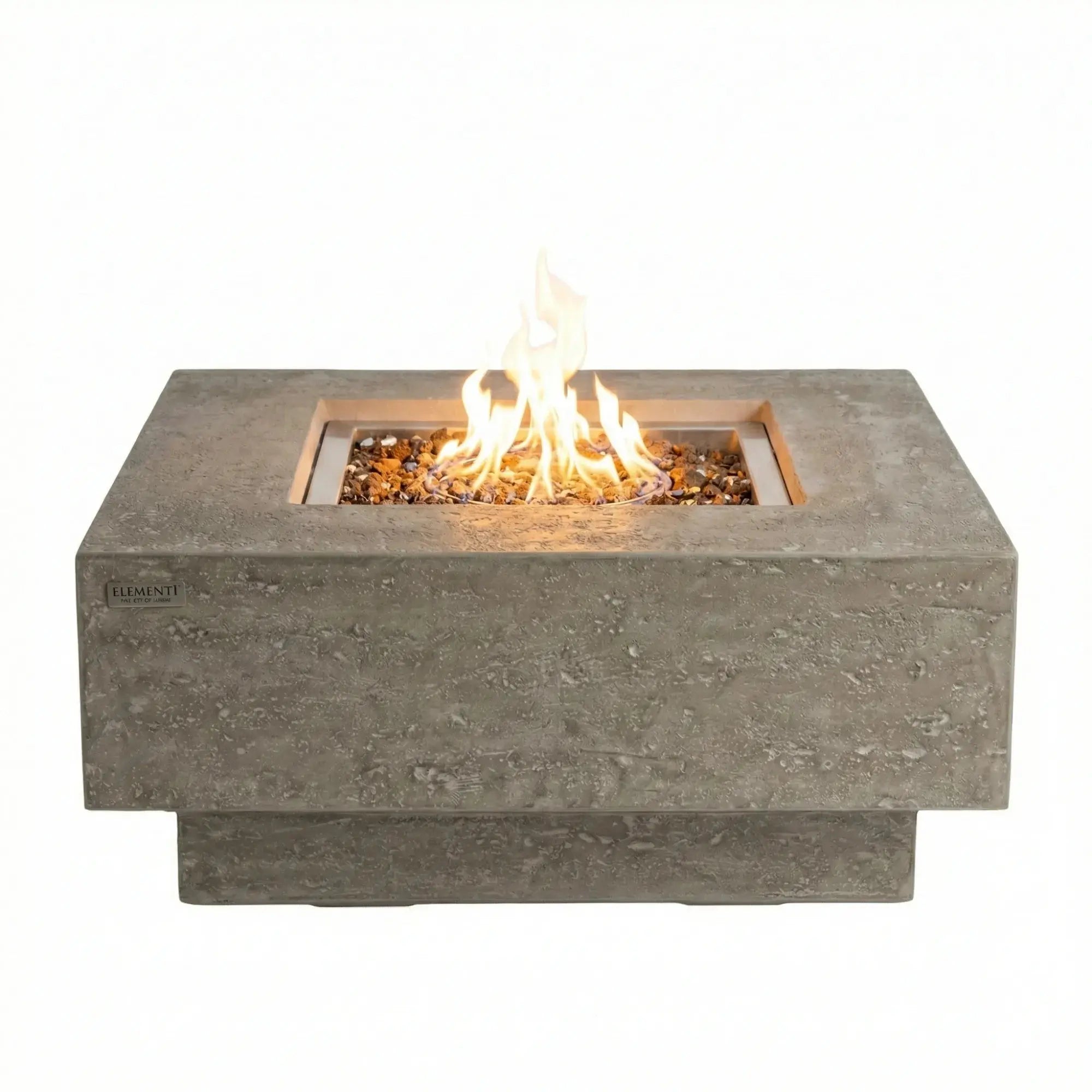 Concrete fire pit table with flames on a white background