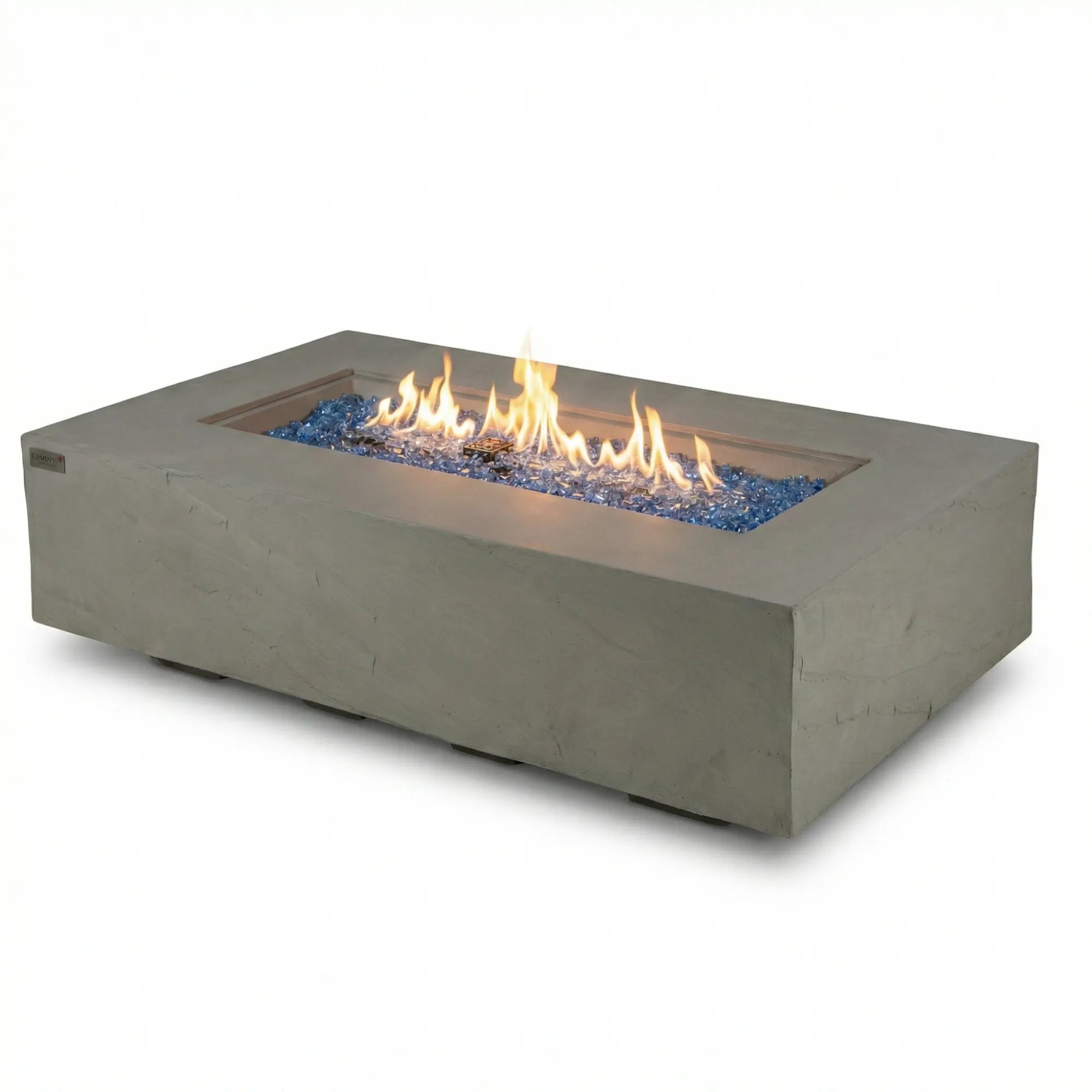 Rectangular concrete fire pit with flames and blue glass on a white background