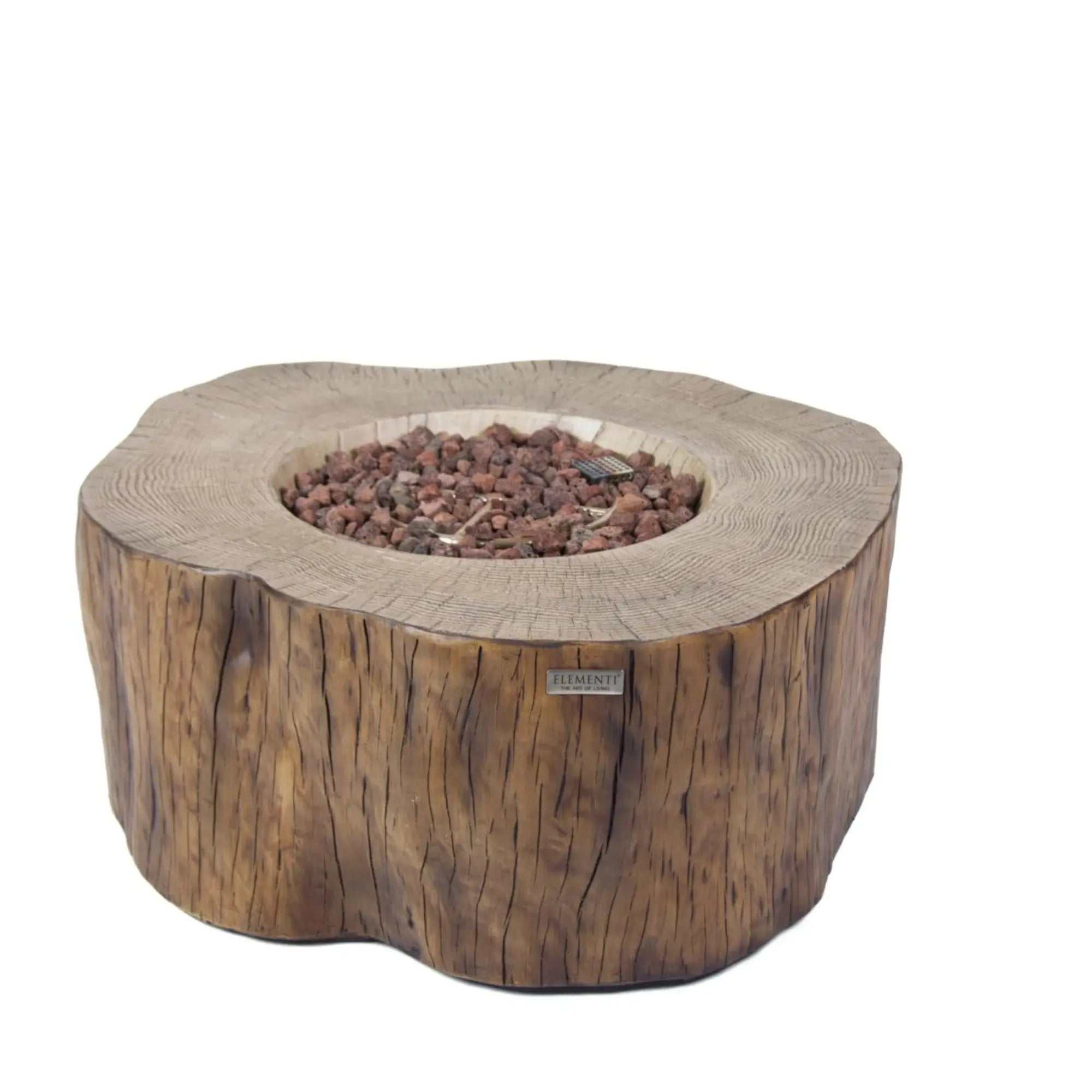 Wooden fire pit table with natural finish on a white background