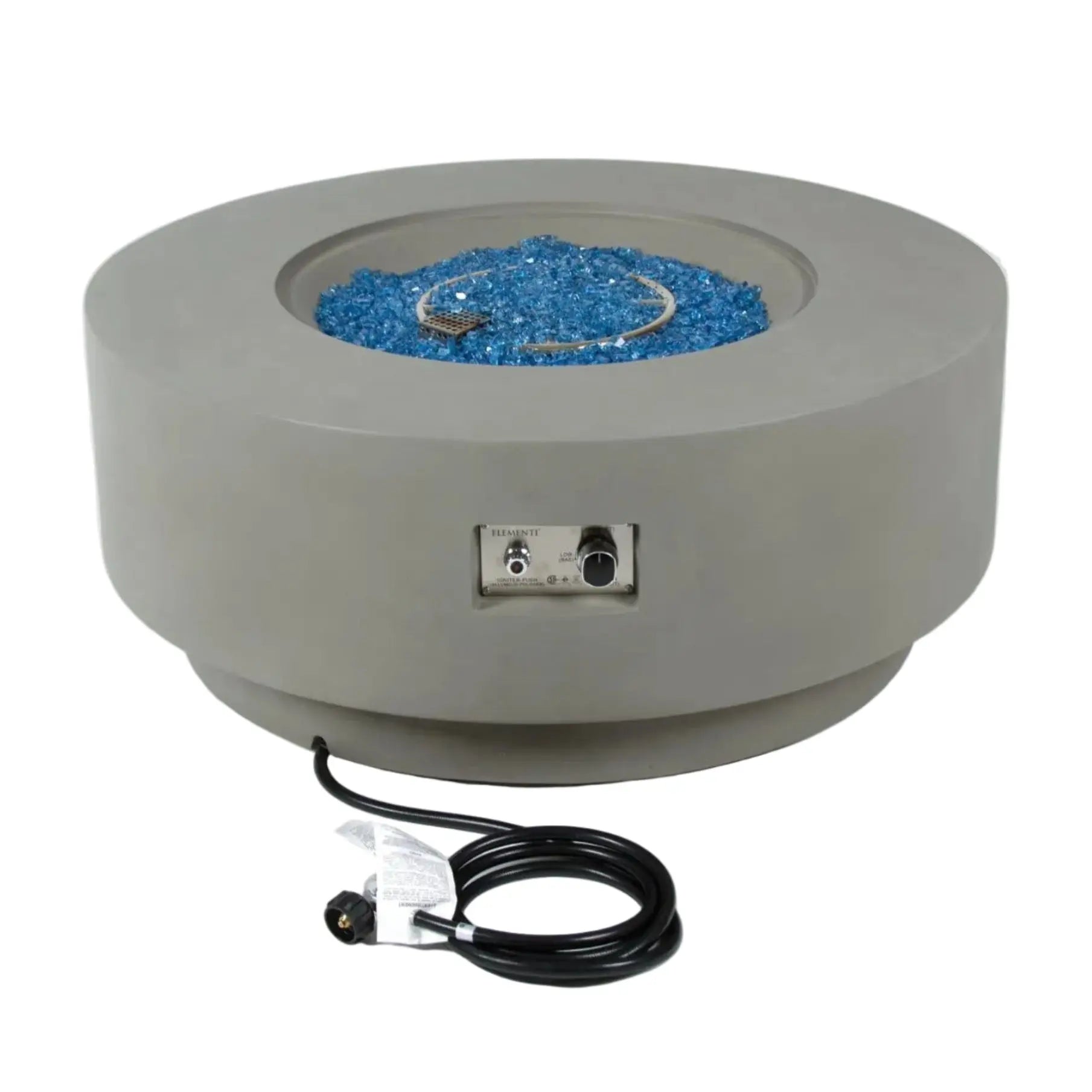 Gray fire pit table with blue decorative stones on a white background
