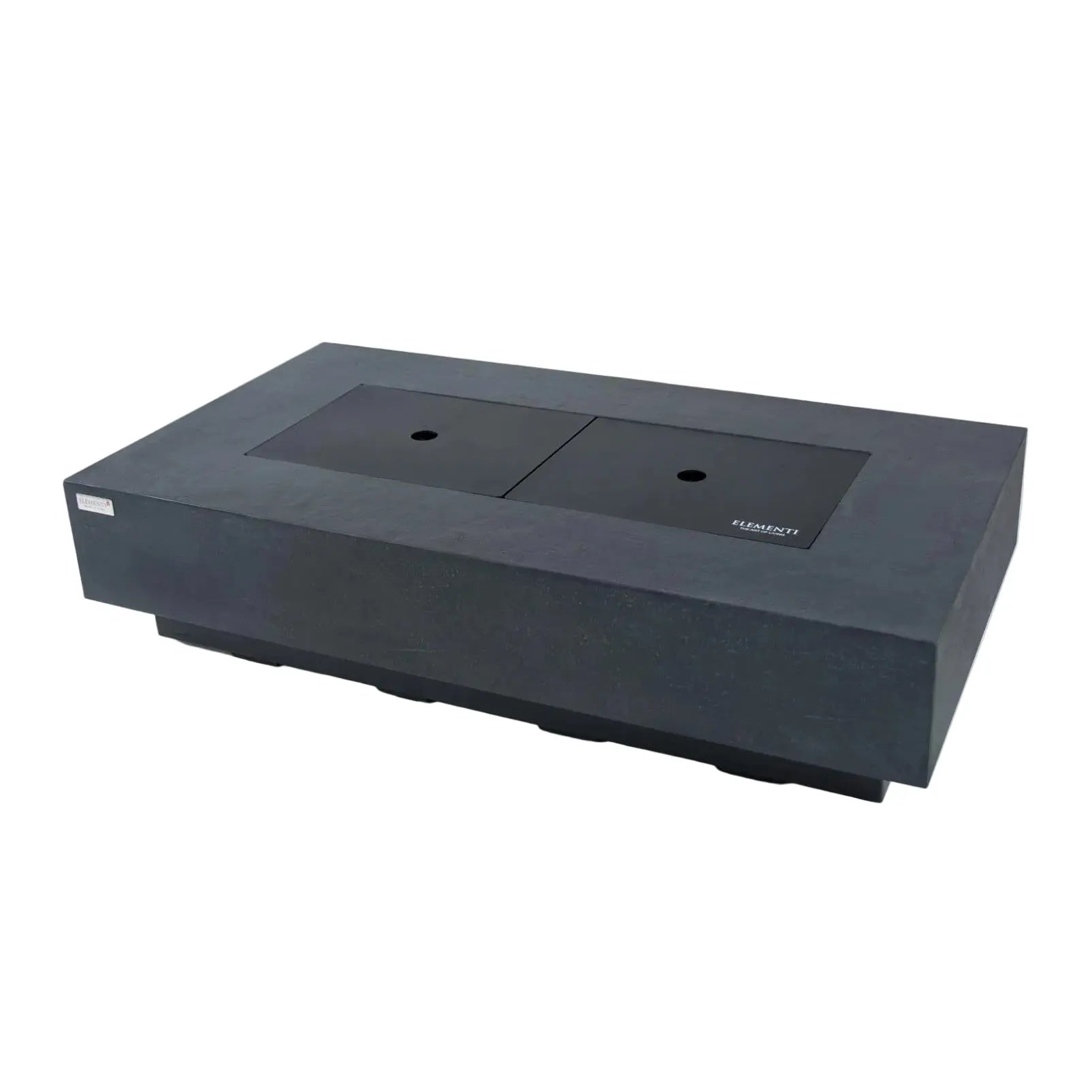 Black rectangular fire pit table on a white background