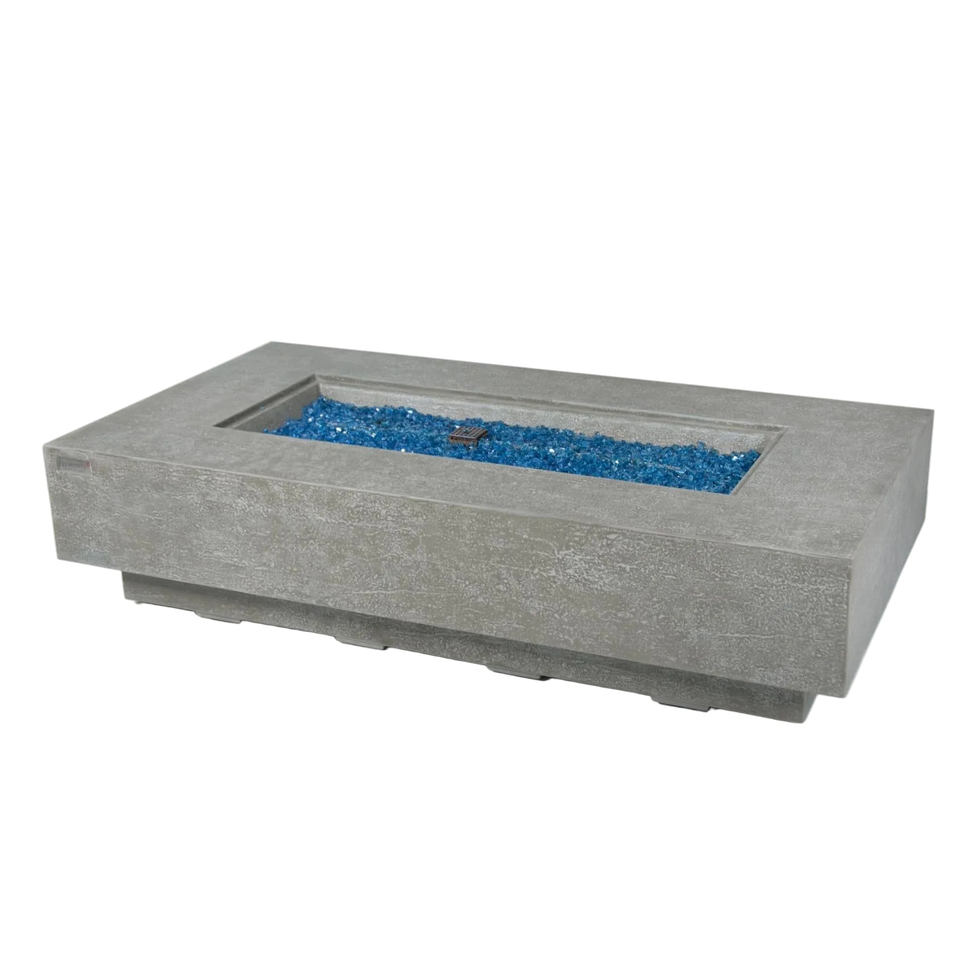 Rectangular concrete fire pit with blue glass stones on a white background