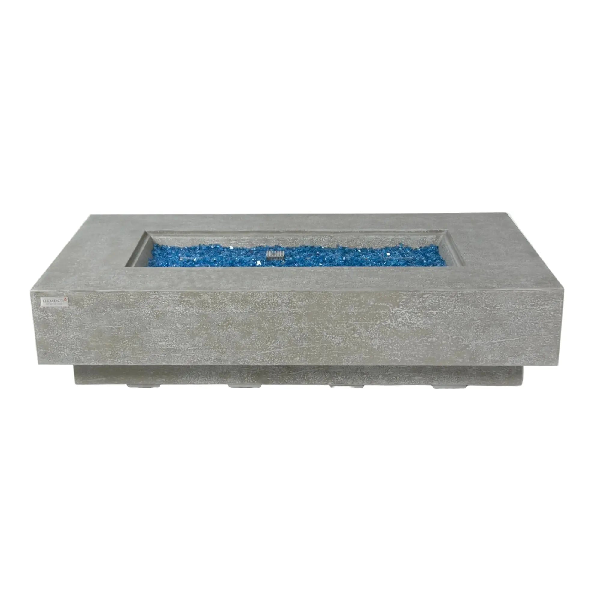 Concrete fire pit table with blue glass stones on a white background
