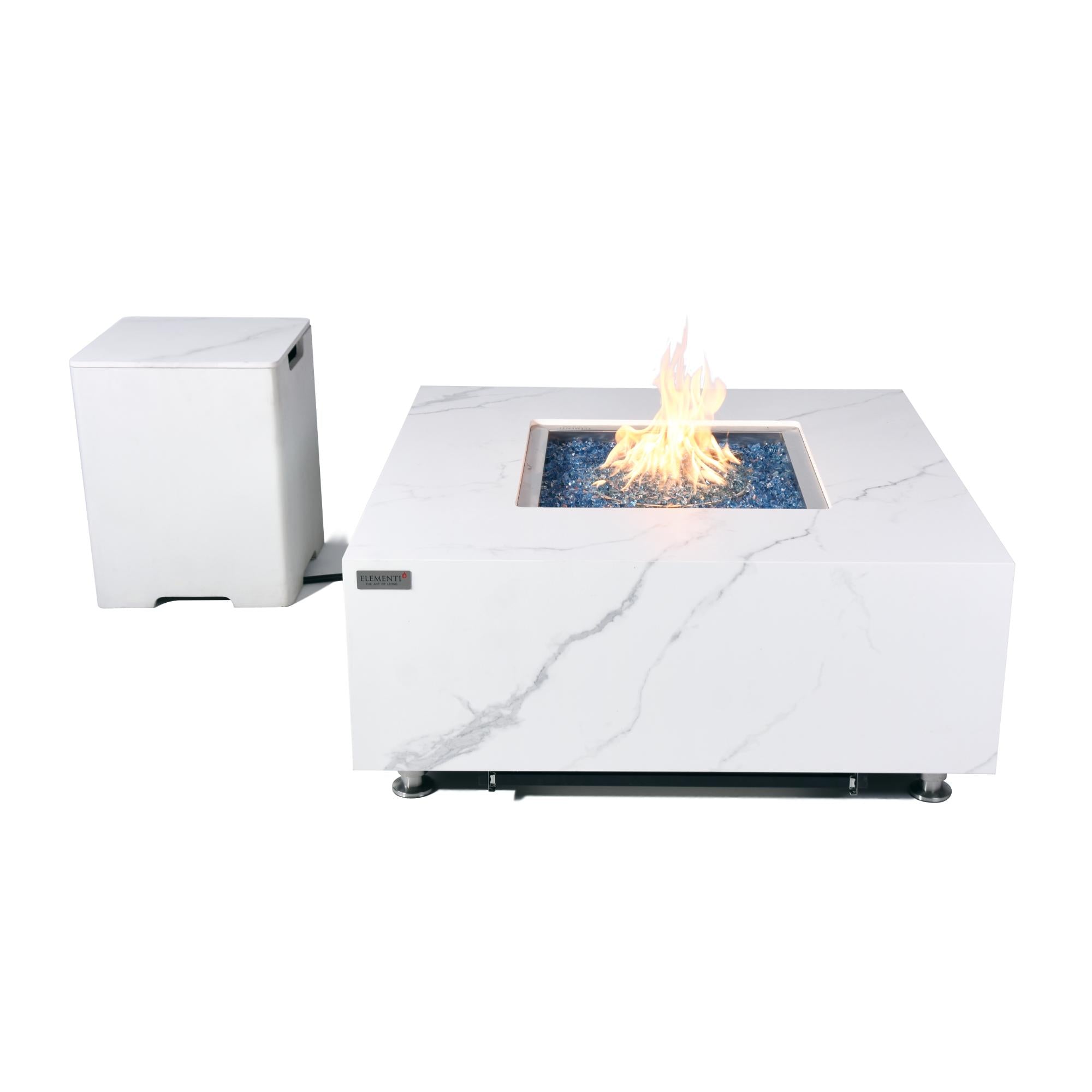 Bianco 40″ Square Marble Porcelain Top Gas Fire Table – Elementi Plus