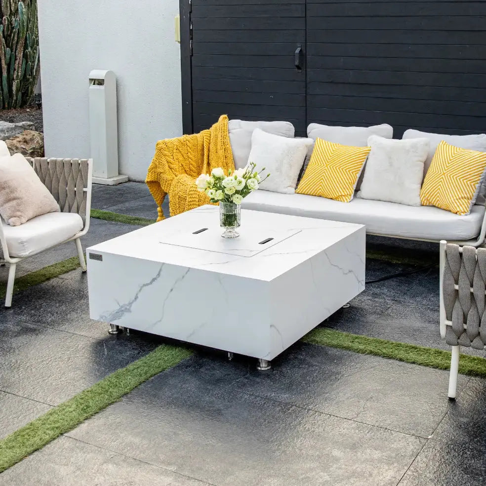 Bianco 40″ Square Marble Porcelain Gas Fire Table – Elementi Plus Elementi