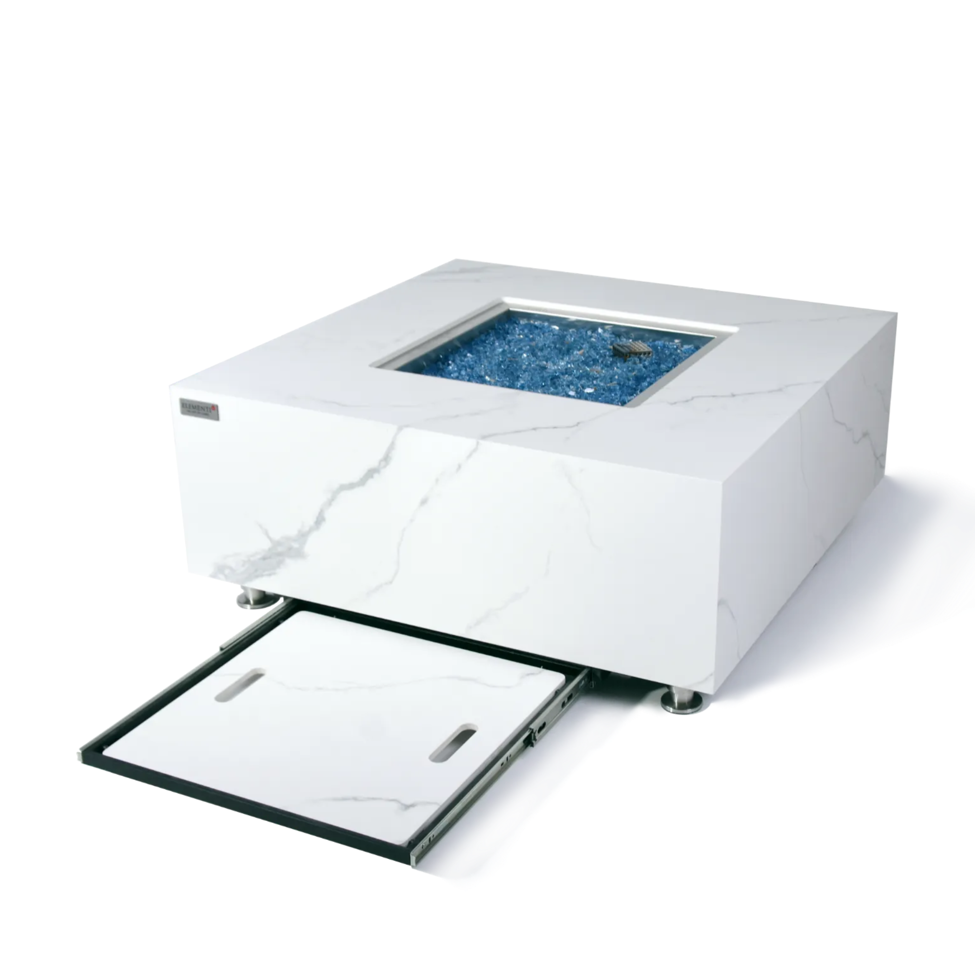 White fire pit table with blue glass stones on a white background