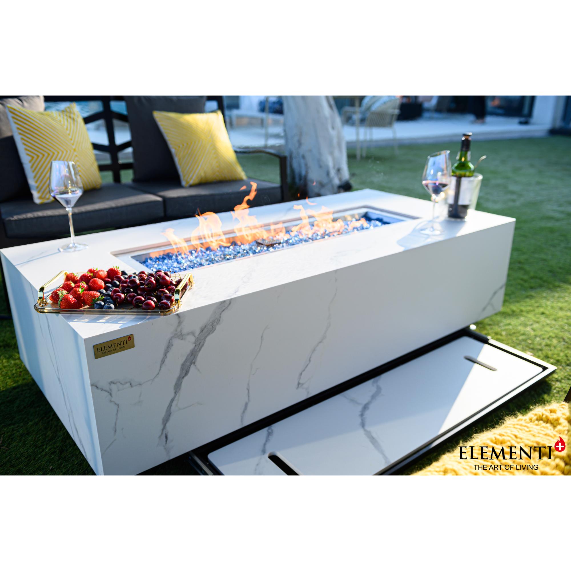 Carrara 60″ Rectangular Marble Porcelain Top Gas Fire Table – Elementi Plus