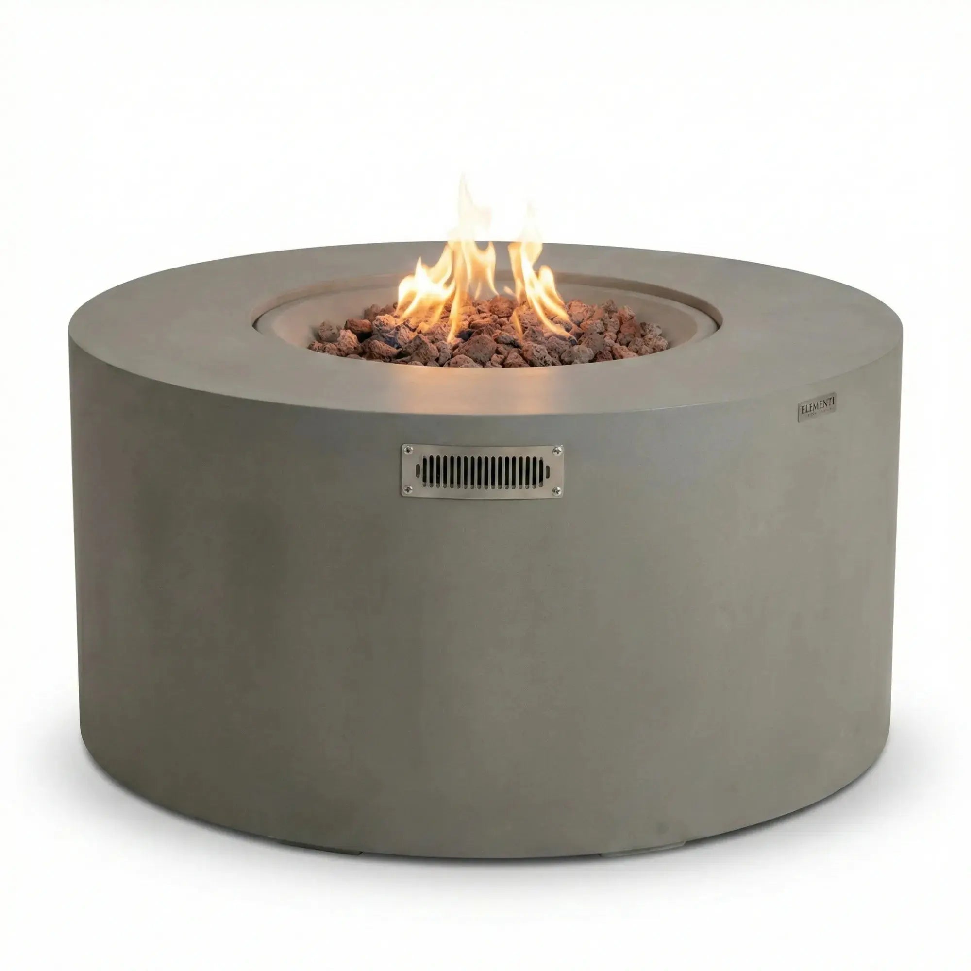 Round concrete fire pit table with flames on a white background