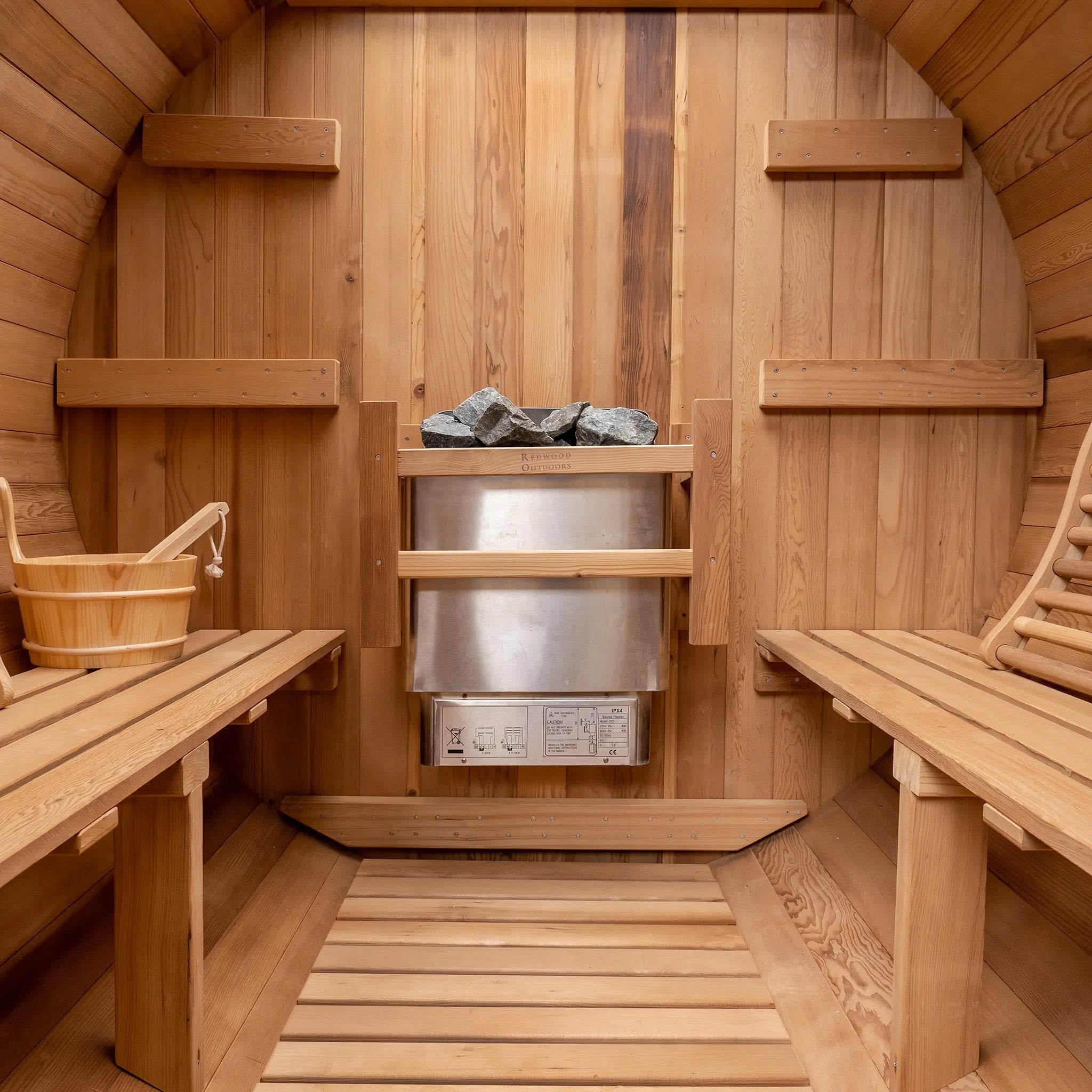 Redwood Outdoors Barrel Outdoor Sauna - 6 Person - Harvia KIP 8kW Heater Redwood Outdoors