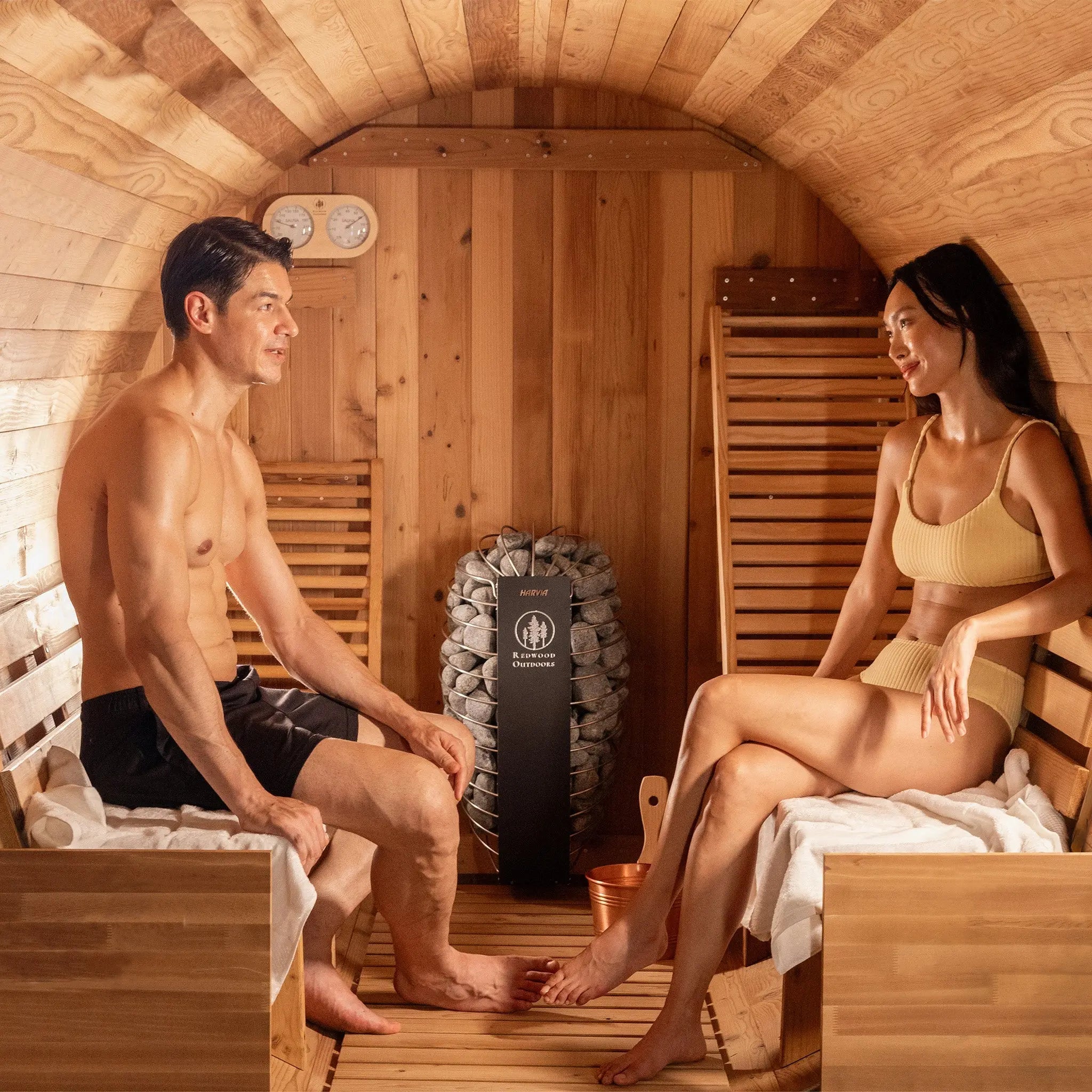 Redwood Outdoors Barrel Outdoor Sauna - 6 Person - Harvia KIP 8kW Heater Redwood Outdoors