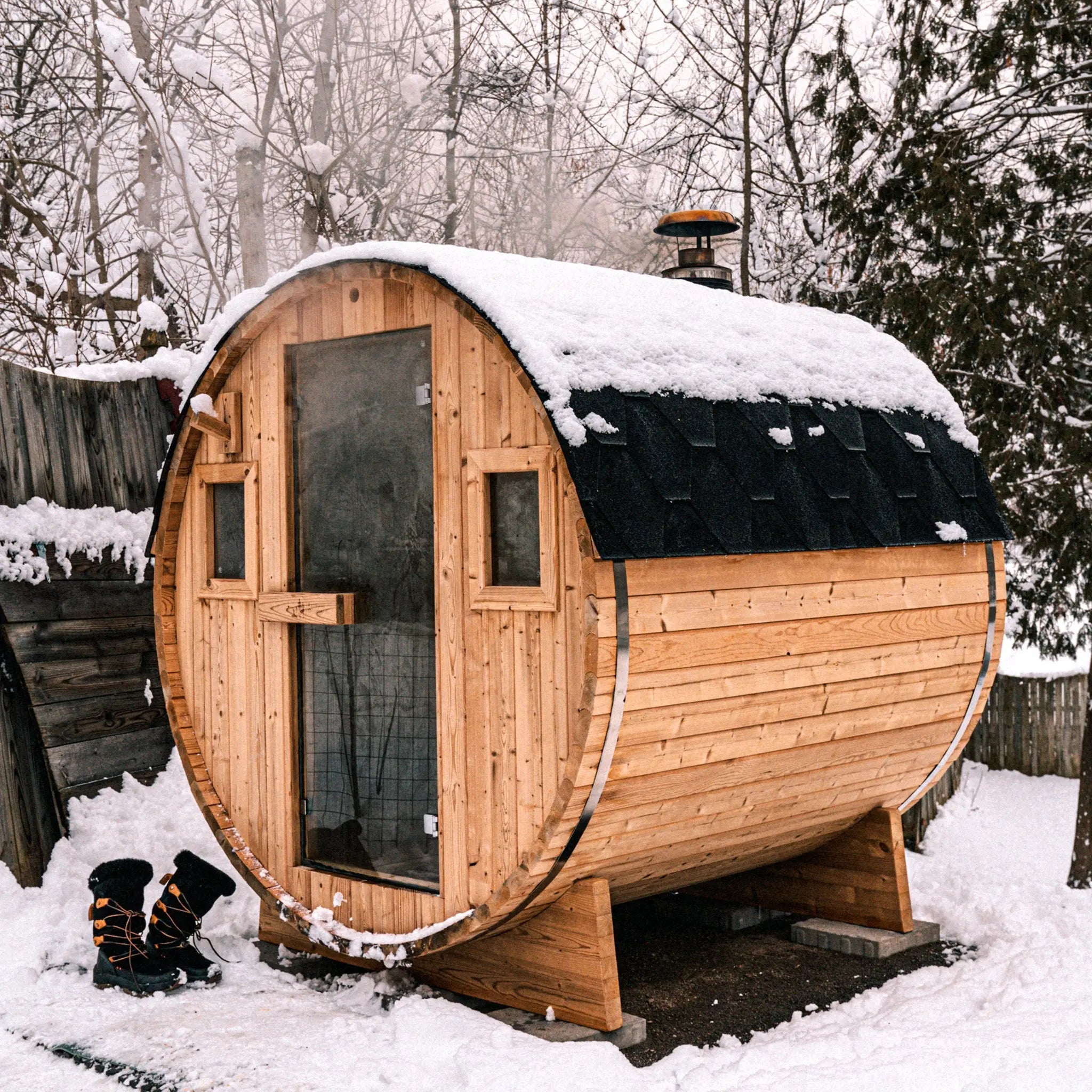 Redwood Outdoors Barrel Outdoor Sauna - 6 Person - Harvia KIP 8kW Heater Redwood Outdoors