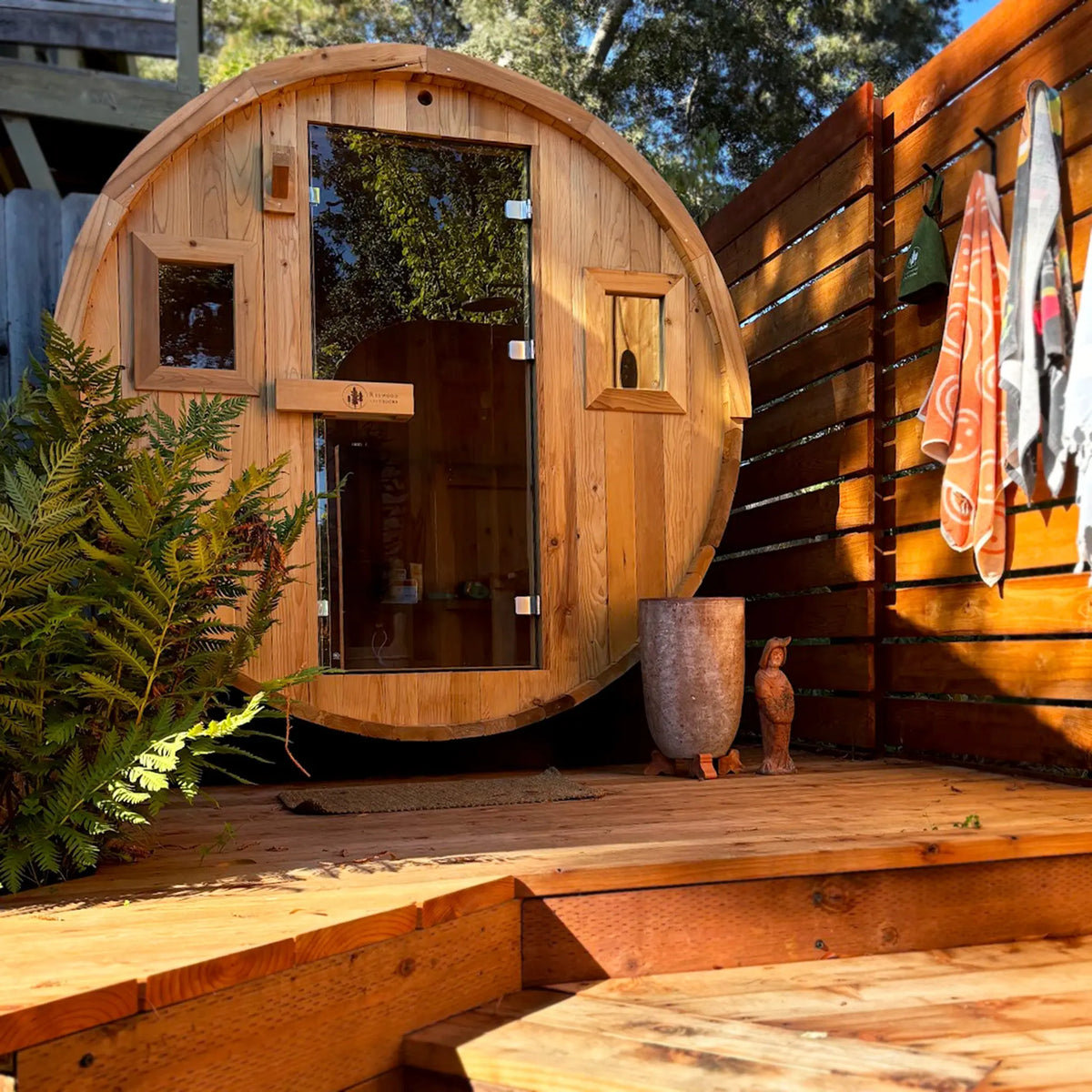 Redwood Outdoors Barrel Outdoor Sauna - 6 Person - Harvia Spirit Wi-Fi 8kW Heater Redwood Outdoors