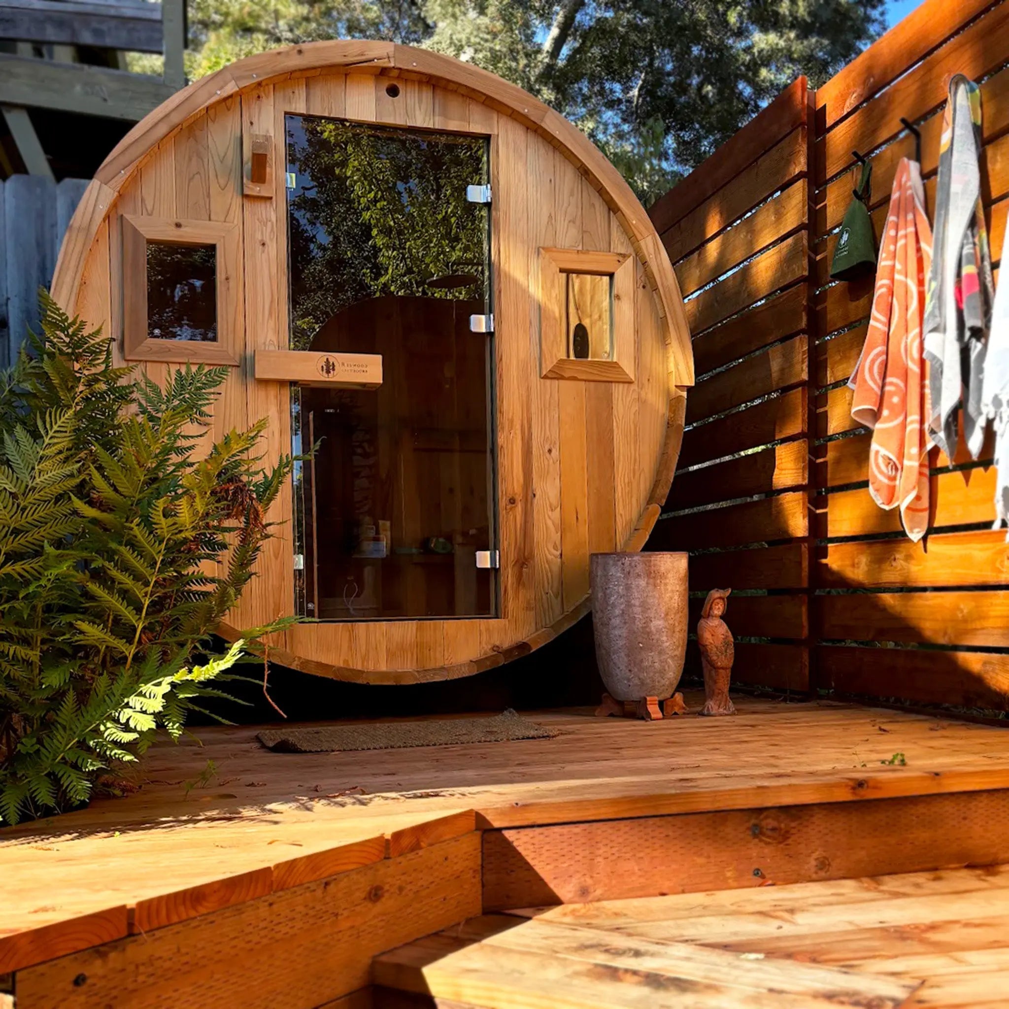 Redwood Outdoors Barrel Outdoor Sauna - 6 Person - Harvia KIP 8kW Heater Redwood Outdoors