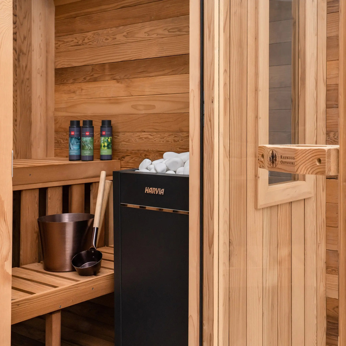 Redwood Outdoors Summit Outdoor Sauna - 6 Person - Harvia Spirit Wi-Fi 8kW Heater Redwood Outdoors