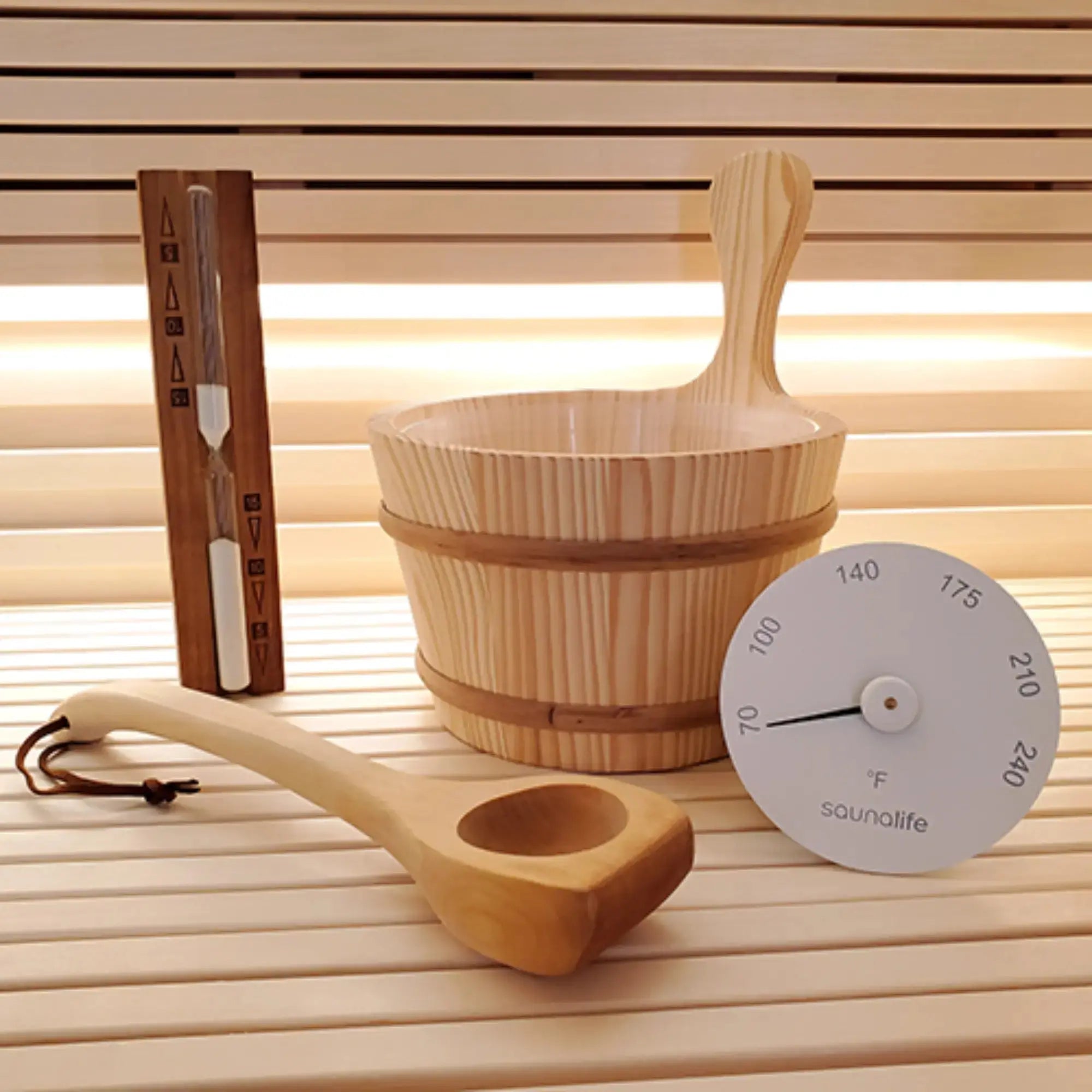 SaunaLife Essentials Set 1 Wood Sauna Bucket and Ladle Set with Sand Timer and White Thermometer SaunaLife