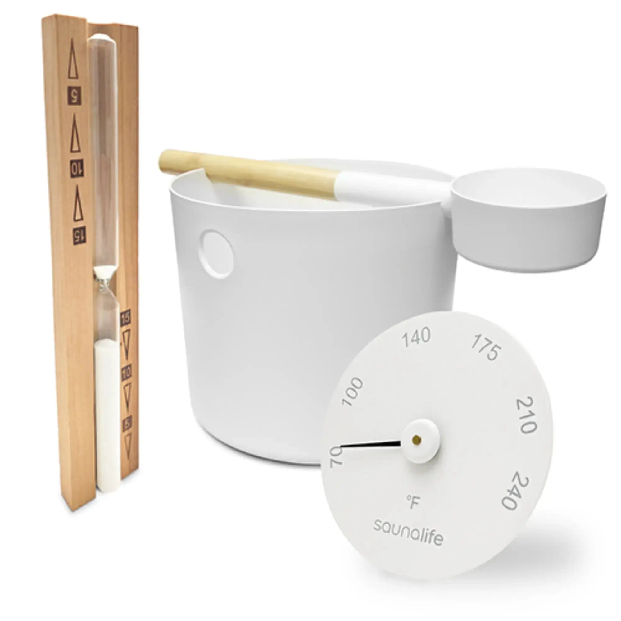 SaunaLife Essentials Set 2 Aluminum Sauna Bucket and Ladle Set with Sand Timer and Thermometer SaunaLife