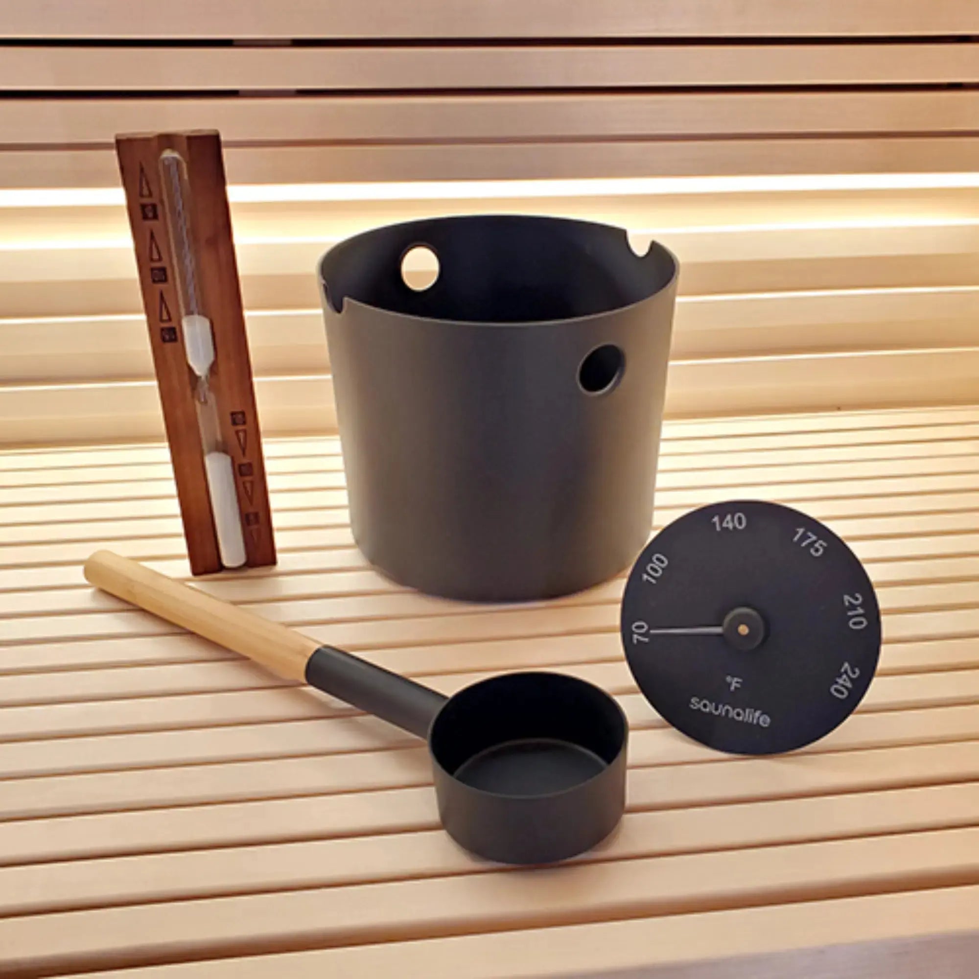 SaunaLife Essentials Set 2 Aluminum Sauna Bucket and Ladle Set with Sand Timer and Thermometer SaunaLife
