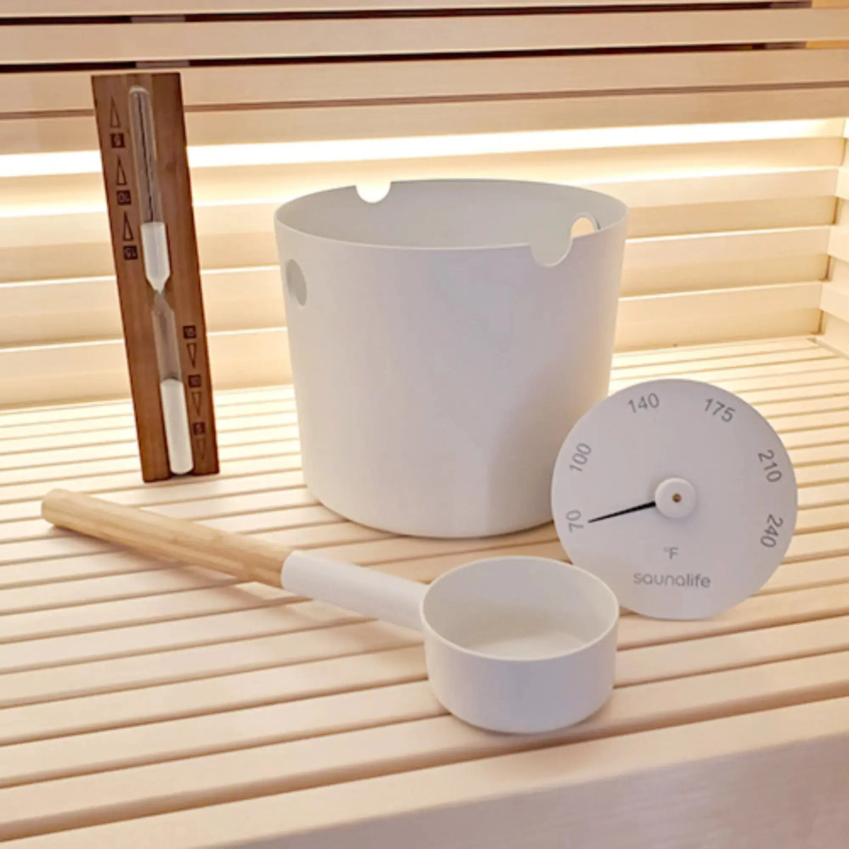 SaunaLife Essentials Set 2 Aluminum Sauna Bucket and Ladle Set with Sand Timer and Thermometer SaunaLife