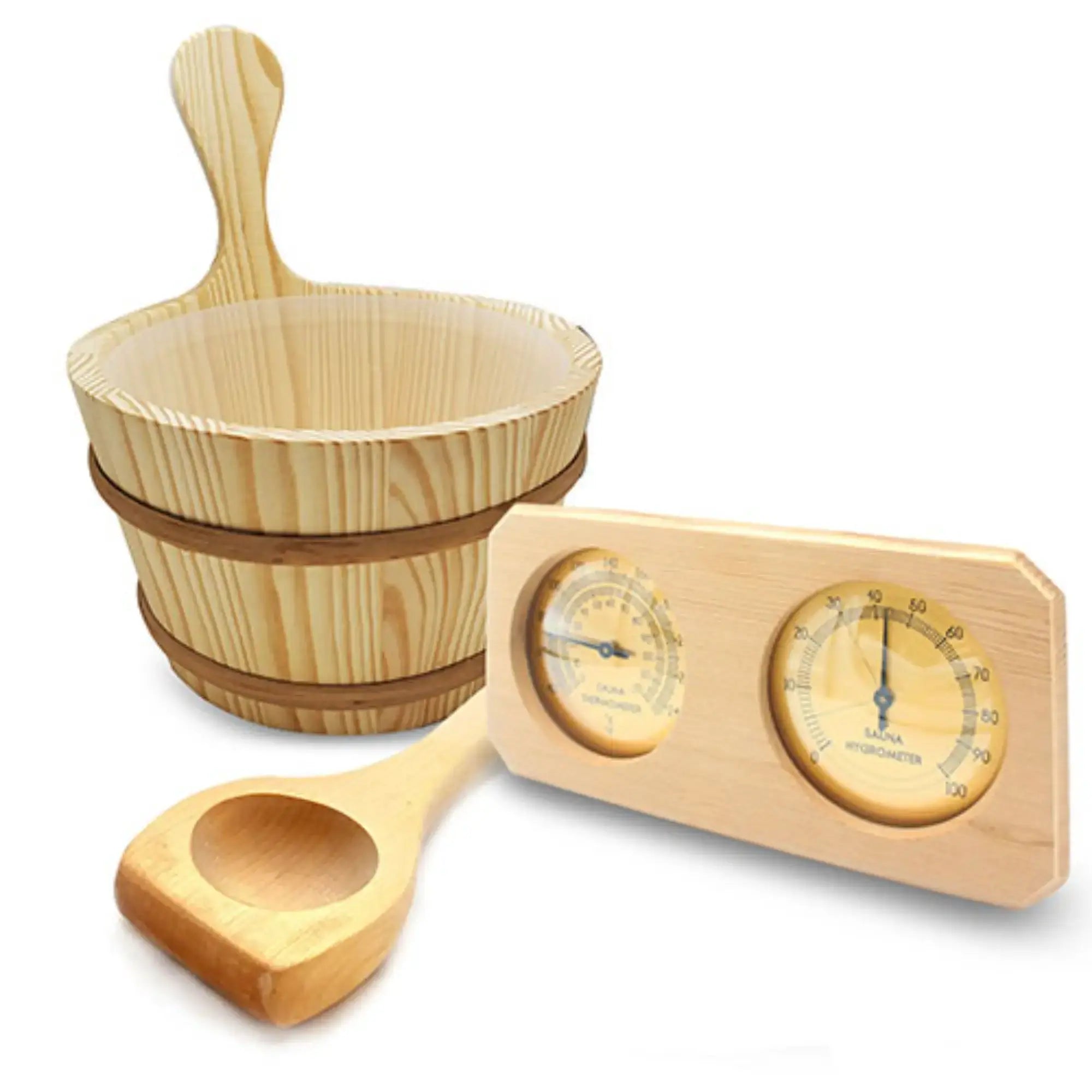 SaunaLife Essentials Set 8 Wooden 1-Gallon Sauna Bucket, Wood Ladle, Thermometer/Hyrometer SaunaLife