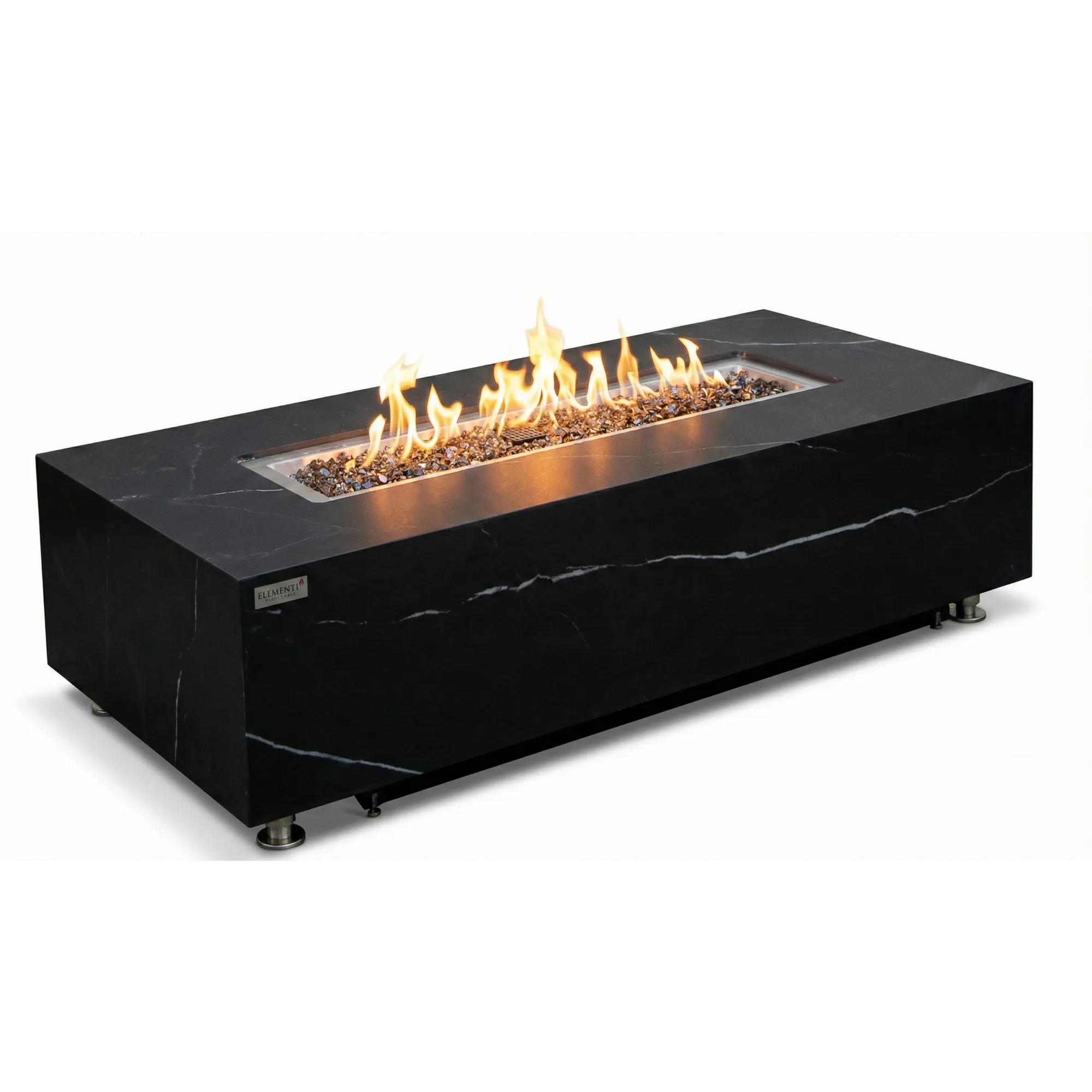 Black rectangular fire pit table with flames on a white background