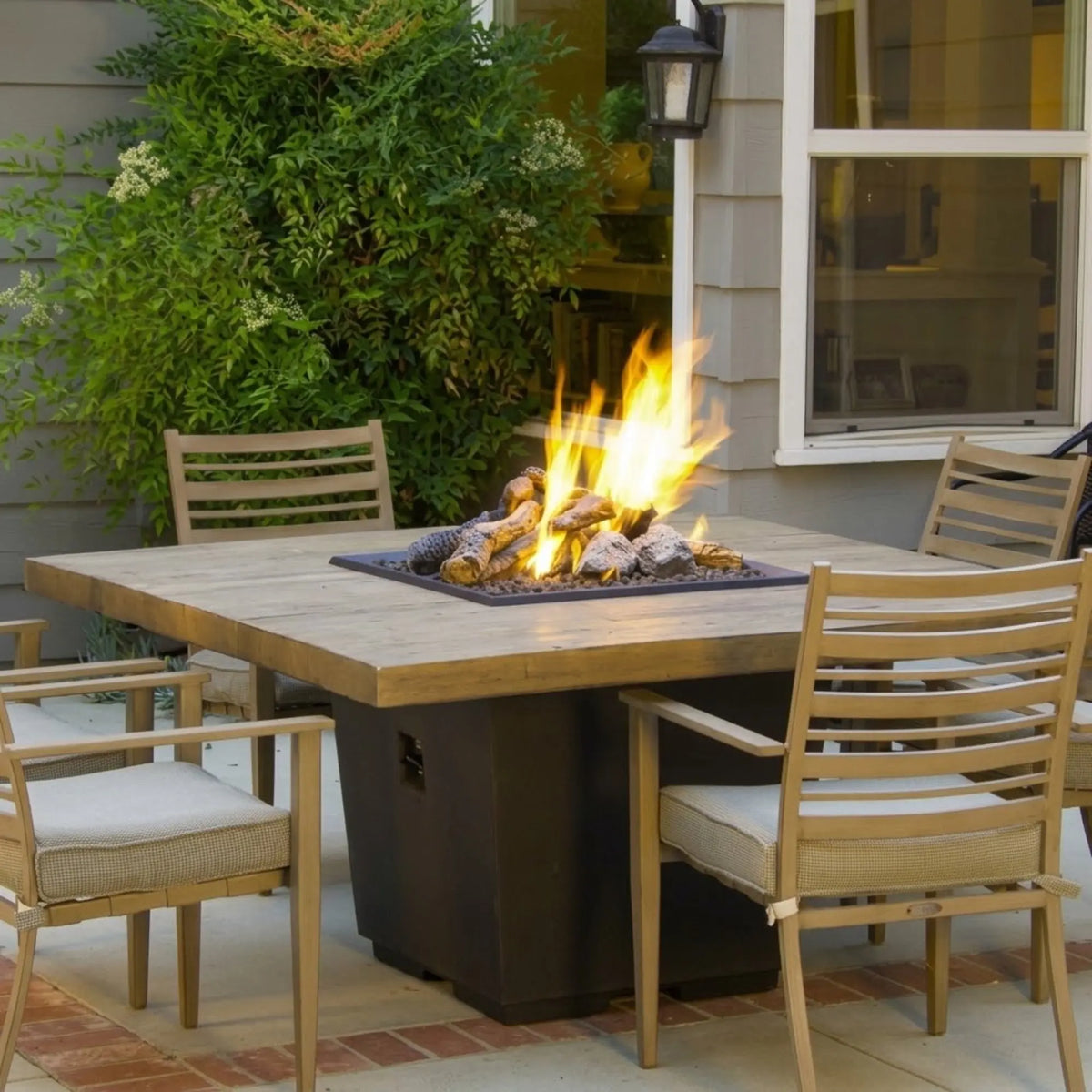 American Fyre Designs Cosmopolitan Square Dining 60" Reclaimed Wood and GFRC Gas Fire Pit Table American Fyre Designs