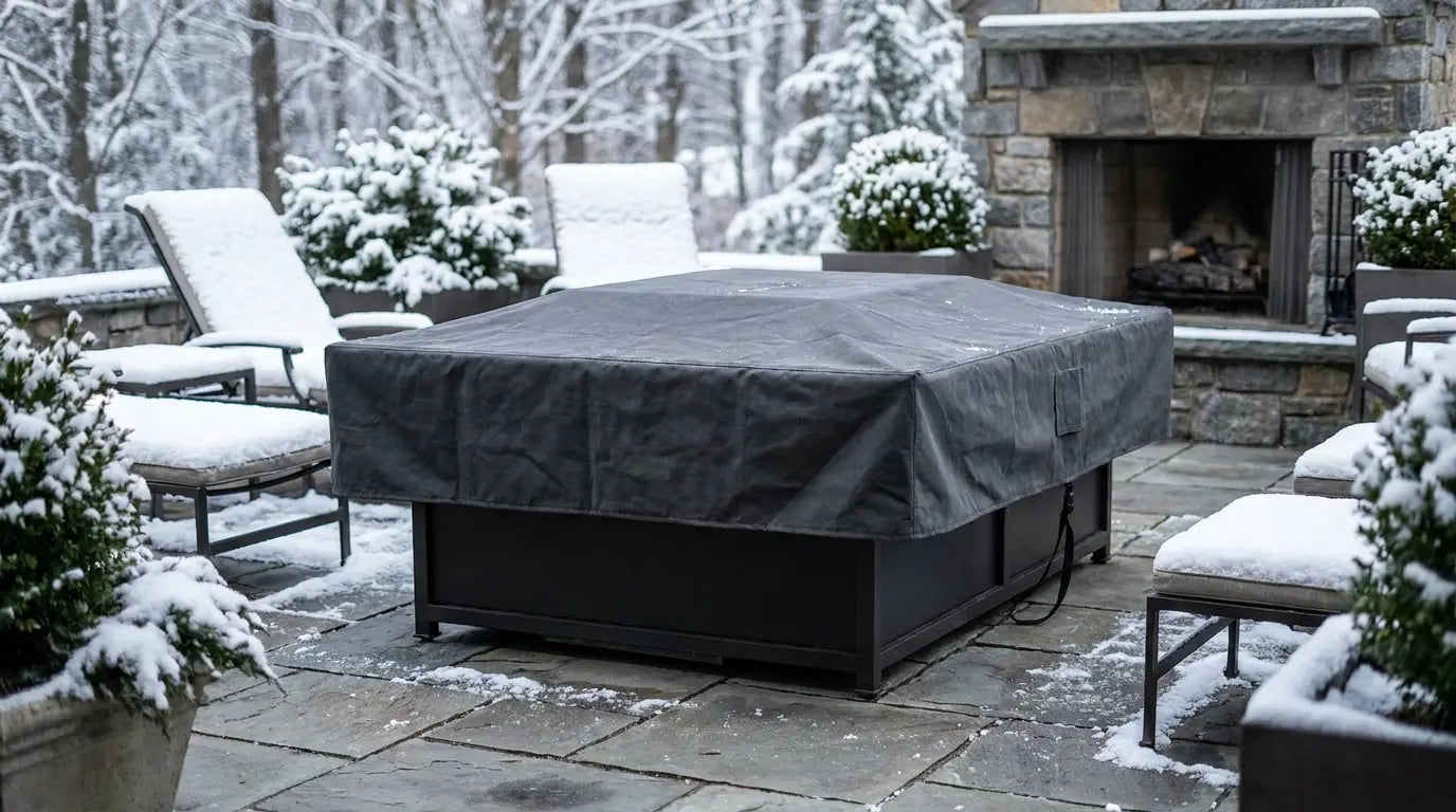 Gas fire pit table with a protective cover on a patio in light snow