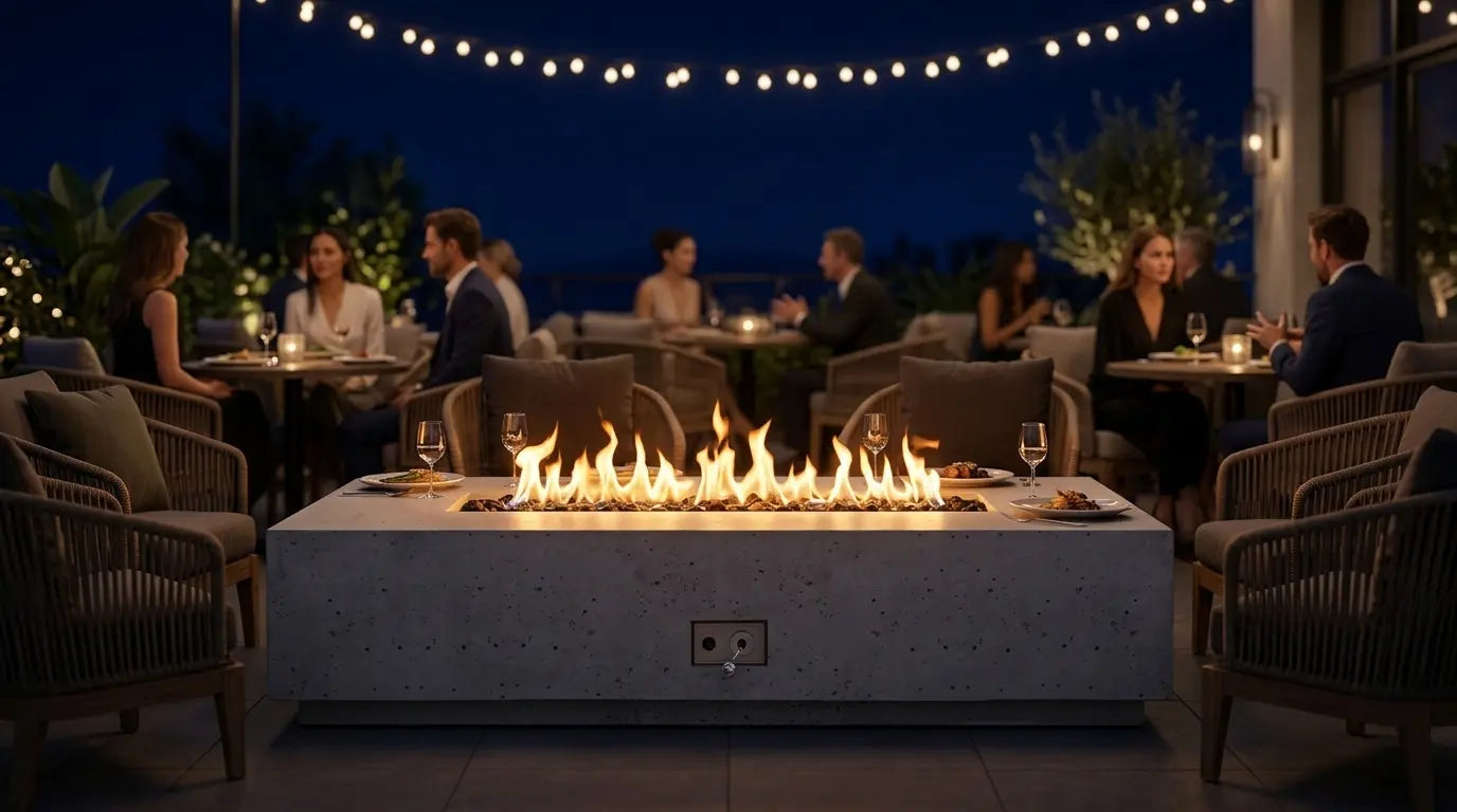 Firegear Sanctuary 76 inch commercial concrete fire table anchoring a restaurant patio at night