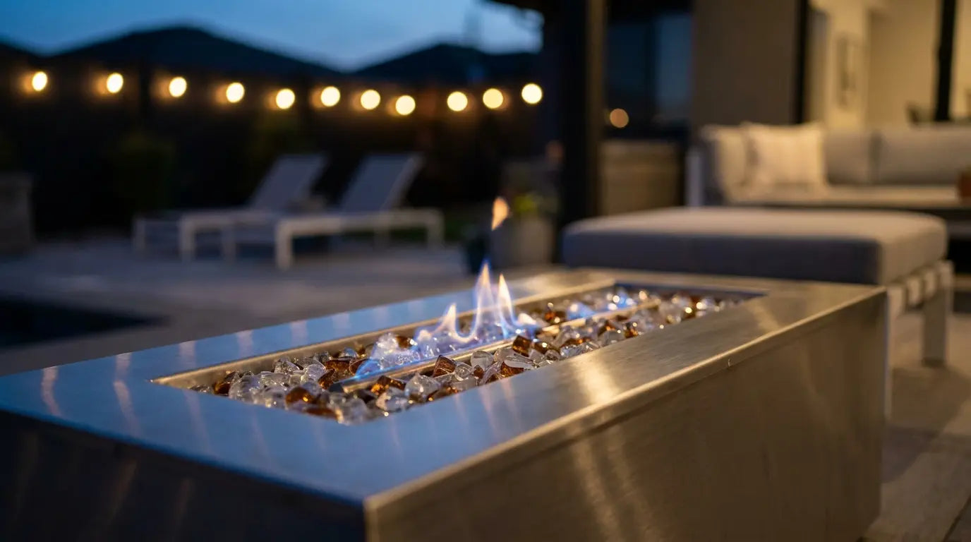 Gas fire pit table burner igniting with a clean flame over fire glass at dusk