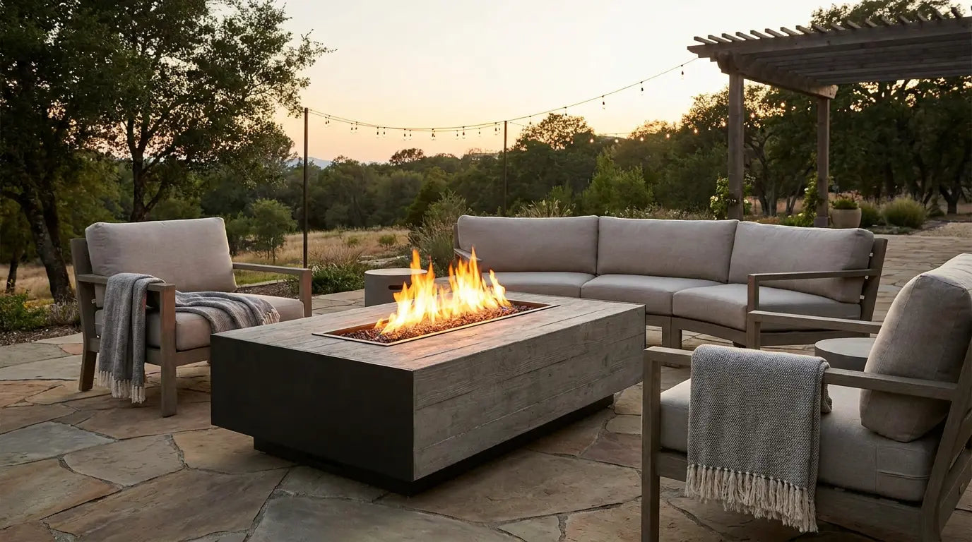 Modern gas fire pit table safely placed on a stone patio with open space around it
