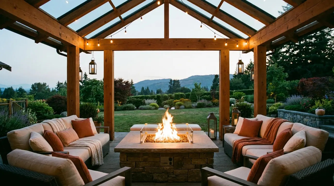 Gas fire pit table under a covered pergola patio at dusk
