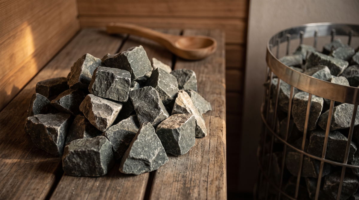 Harvia AC3000 sauna stones, split-face olivine diabase in angular charcoal pieces, heaped on a cedar bench beside a half-loaded heater basket