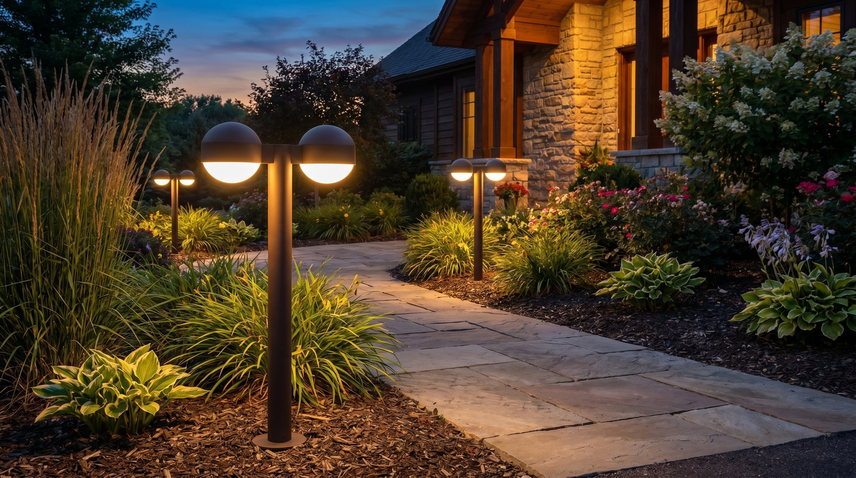 Sonneman bronze LED bollard lighting a landscaped garden path at dusk