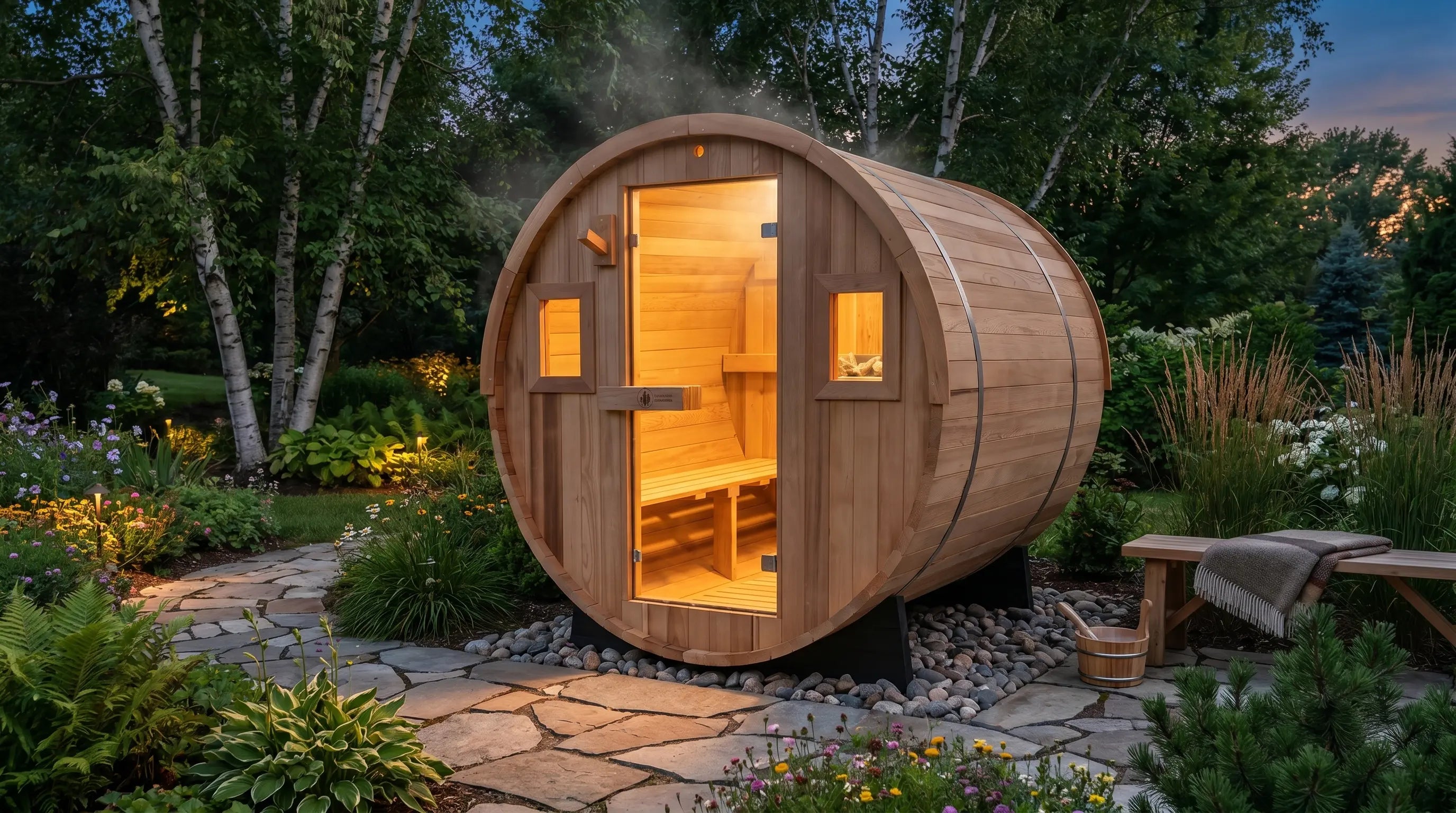Cedar barrel sauna glowing in a landscaped backyard at dusk