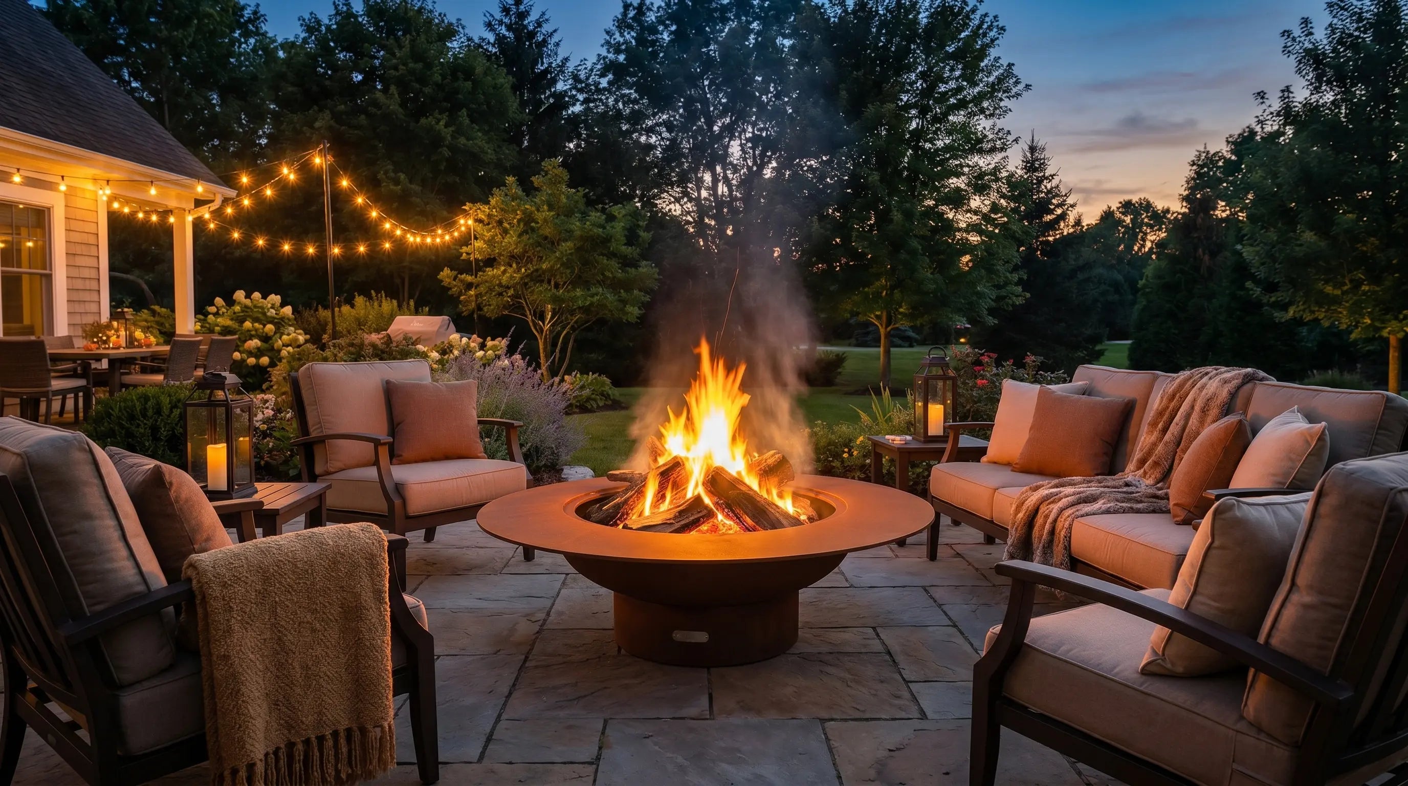 Sculptural steel wood-burning fire pit lit on a patio at dusk with seating
