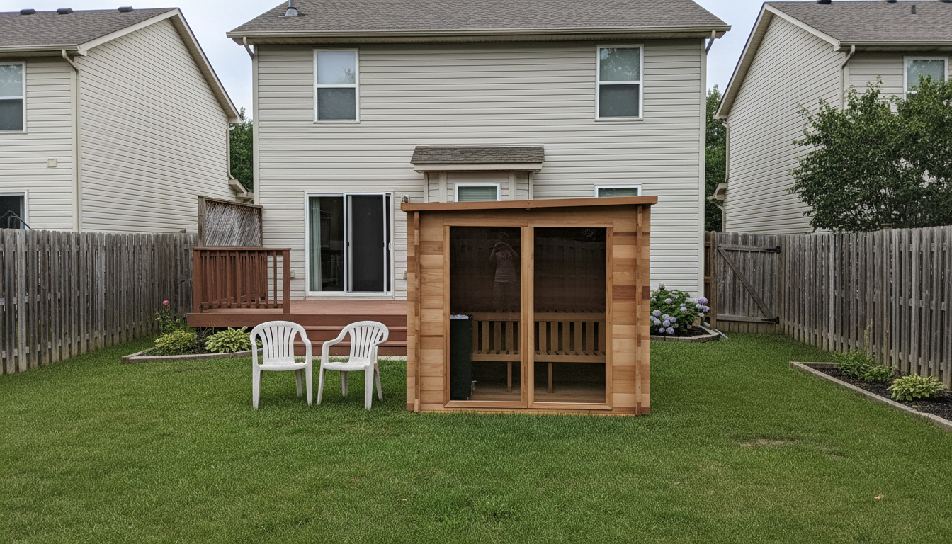 Redwood Outdoors Garden sauna installed in a suburban backyard