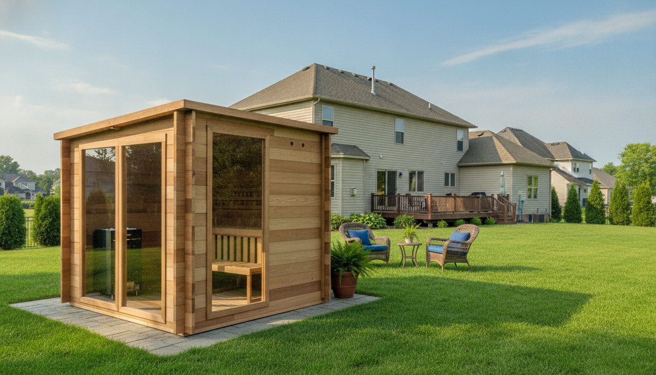 Redwood Outdoors Garden 8-person sauna in a spacious suburban backyard