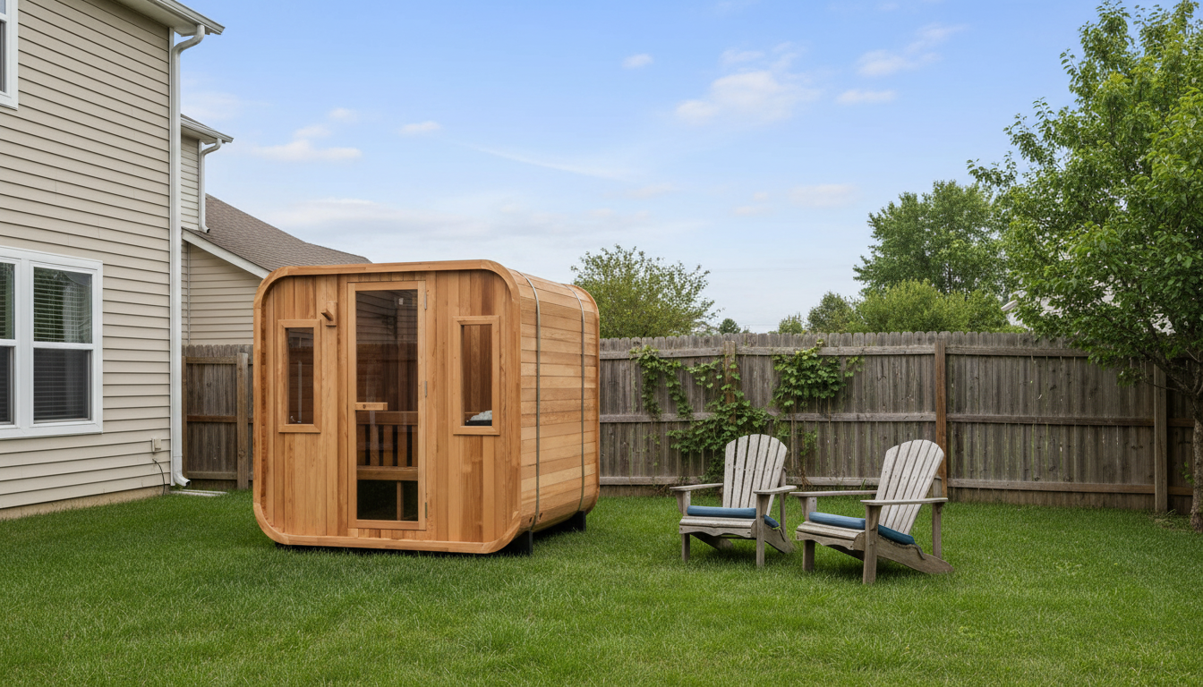 Redwood Outdoors Summit traditional sauna in a suburban backyard